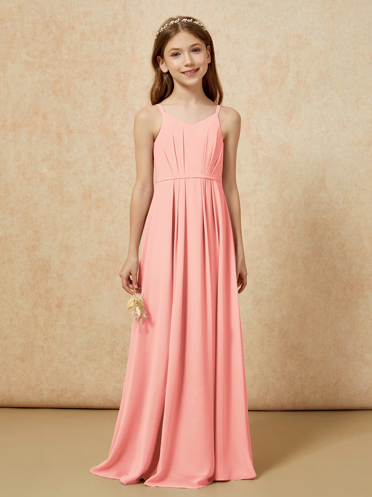 V-neck Spaghetti Straps Chiffon Junior Bridesmaid Dresses Coral - Image 4