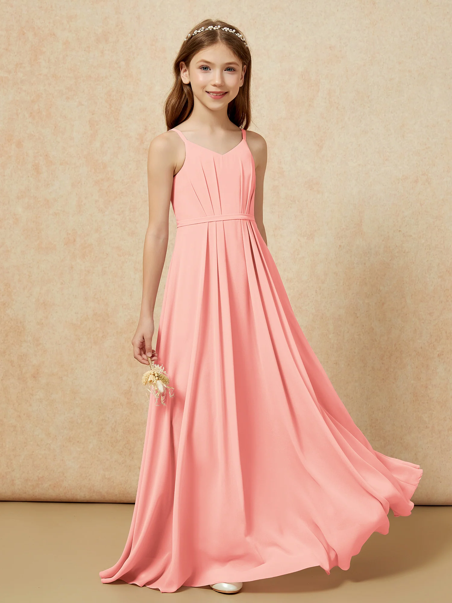 V-neck Spaghetti Straps Chiffon Junior Bridesmaid Dresses Coral - Image 5