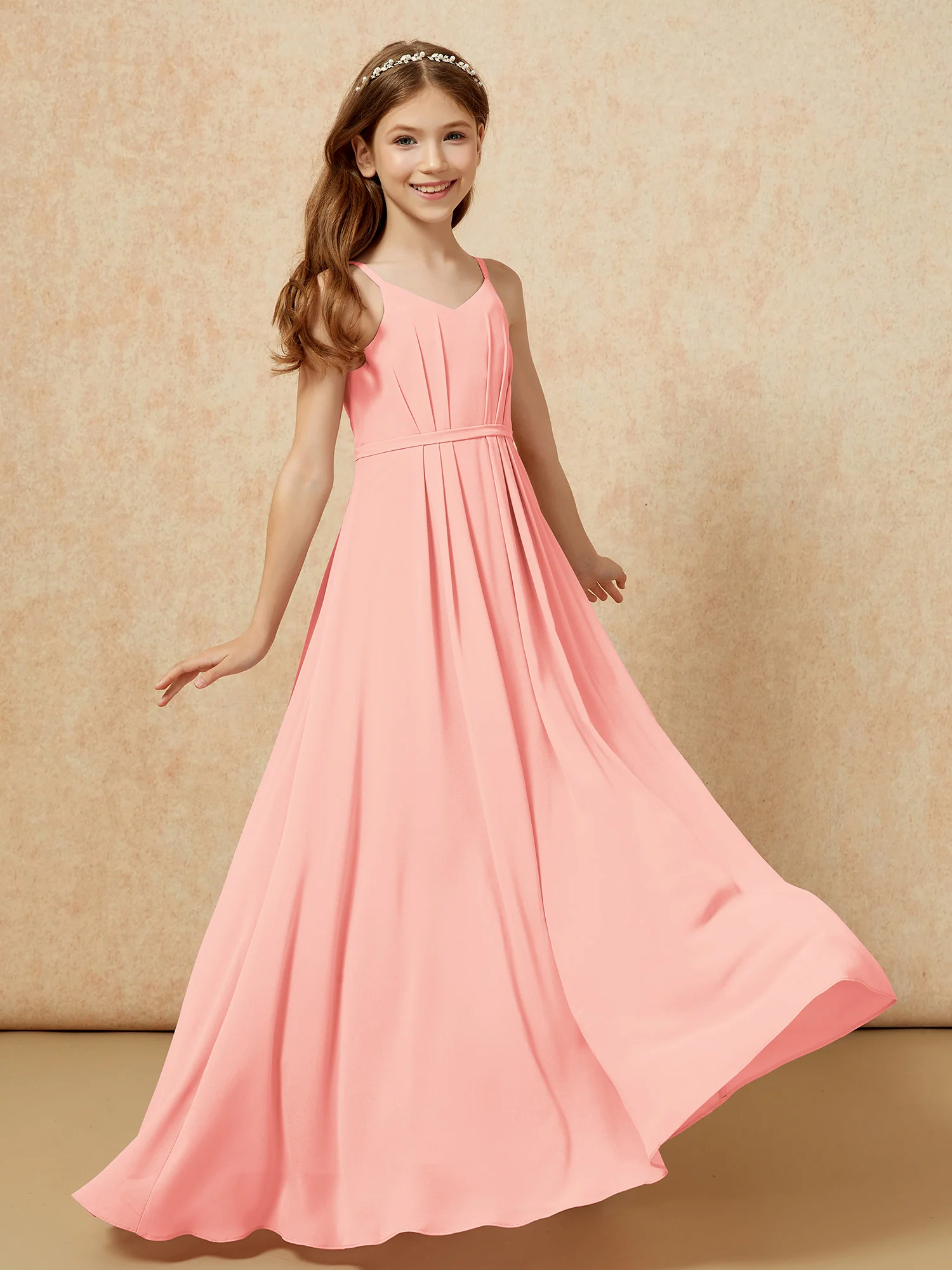 V-neck Spaghetti Straps Chiffon Junior Bridesmaid Dresses Coral - Image 6