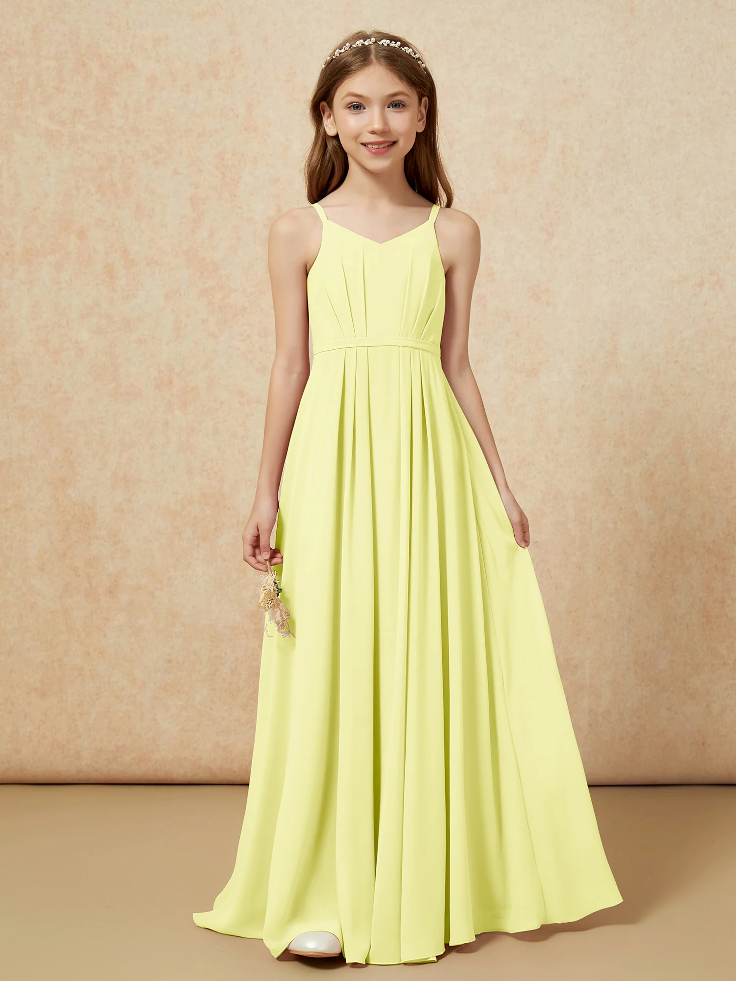 V-neck Spaghetti Straps Chiffon Junior Bridesmaid Dresses Daffodil