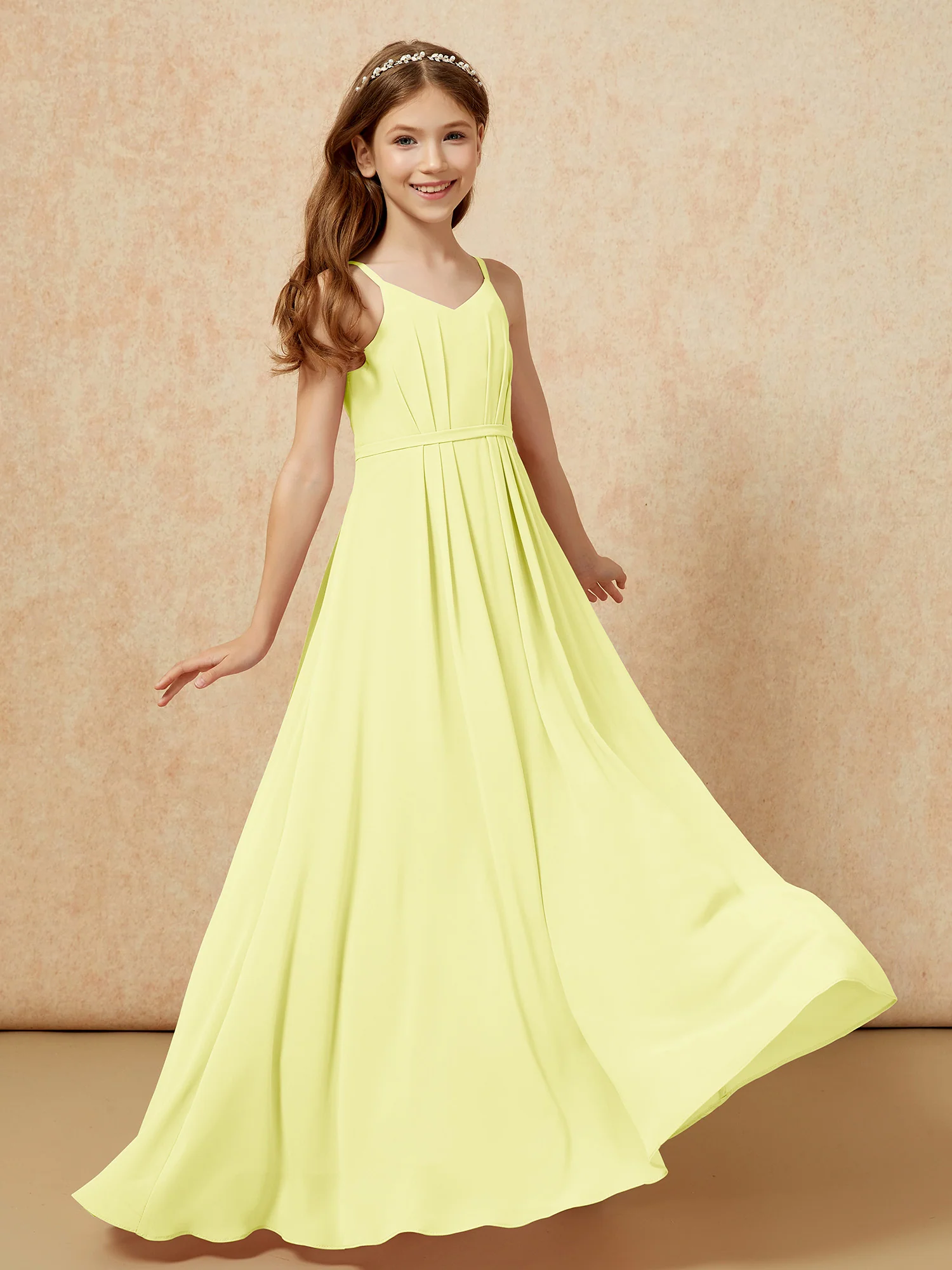 V-neck Spaghetti Straps Chiffon Junior Bridesmaid Dresses Daffodil - Image 6