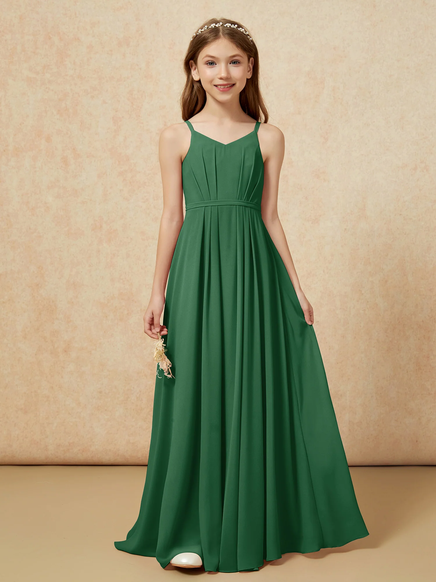 V-neck Spaghetti Straps Chiffon Junior Bridesmaid Dresses Dark Green