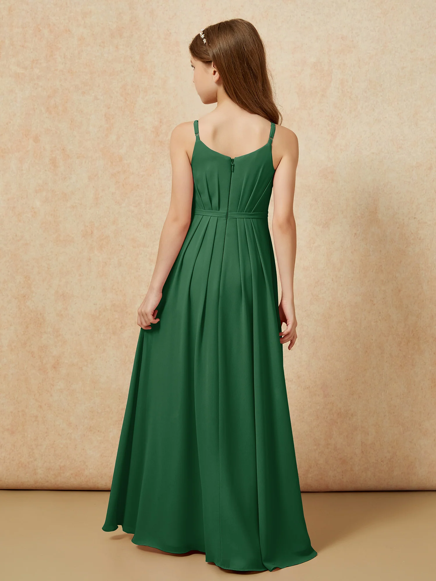 V-neck Spaghetti Straps Chiffon Junior Bridesmaid Dresses Dark Green - Image 2