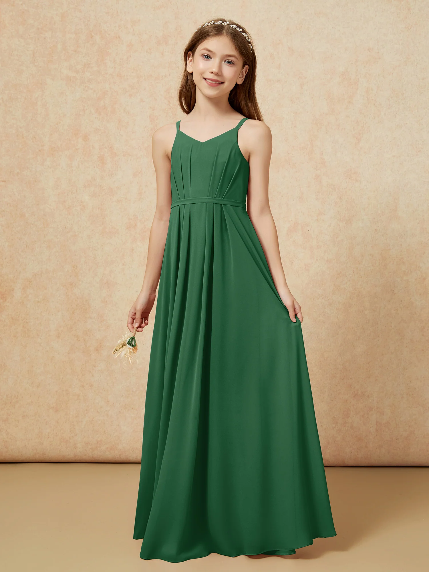 V-neck Spaghetti Straps Chiffon Junior Bridesmaid Dresses Dark Green - Image 3