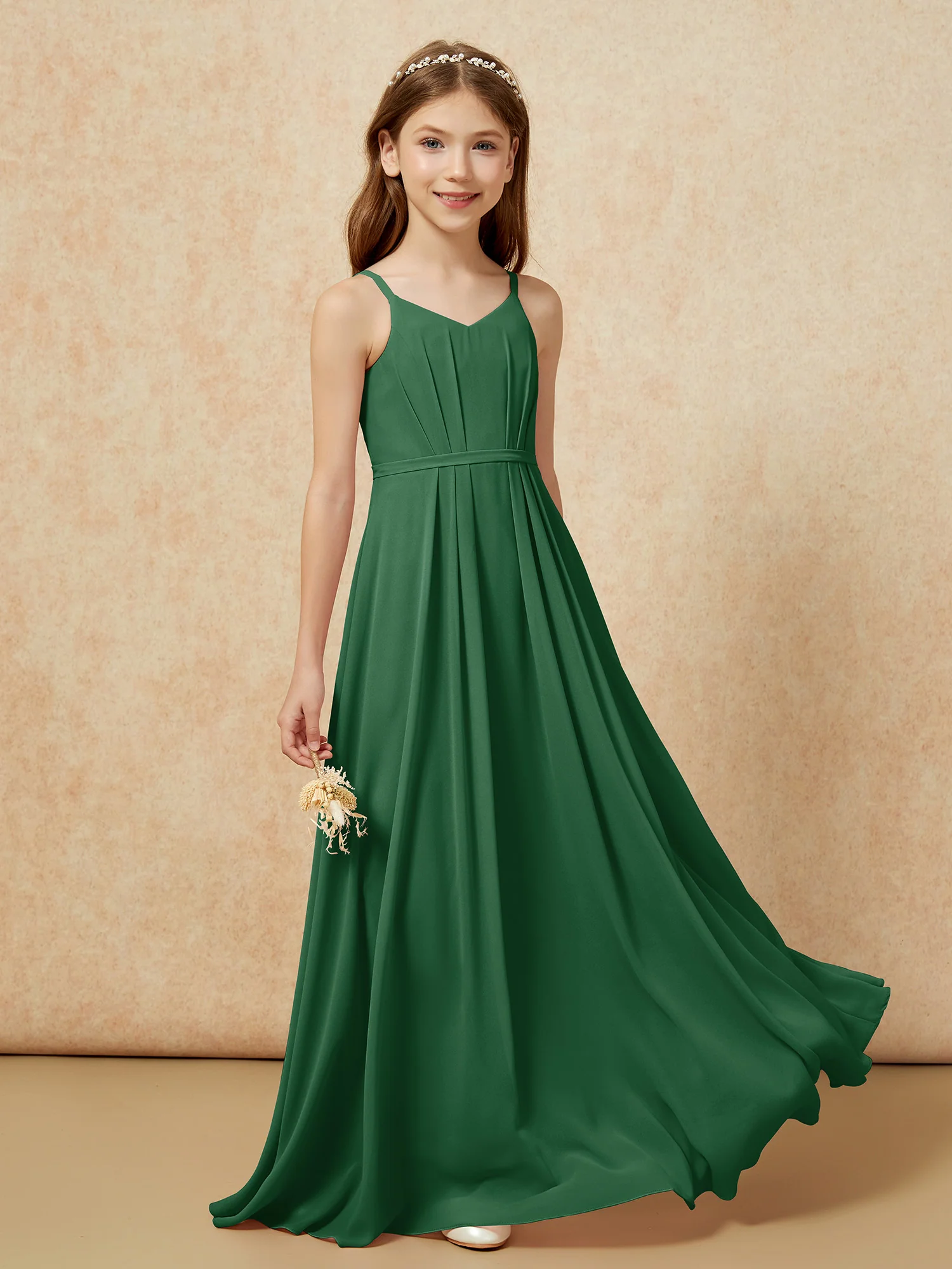 V-neck Spaghetti Straps Chiffon Junior Bridesmaid Dresses Dark Green - Image 5