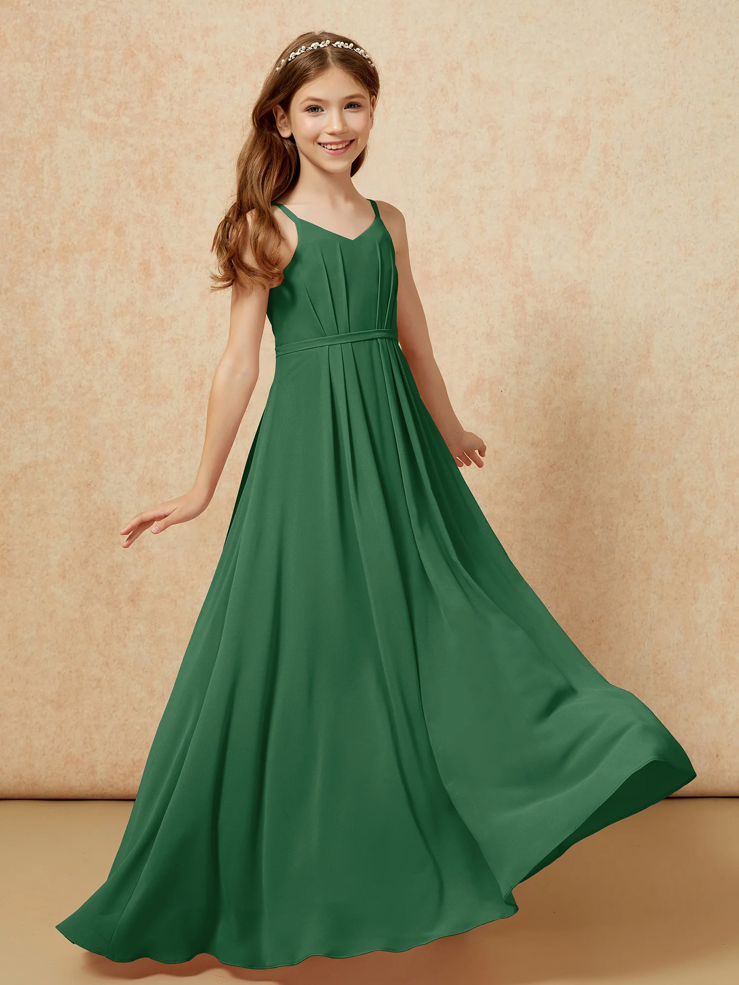 V-neck Spaghetti Straps Chiffon Junior Bridesmaid Dresses Dark Green - Image 6