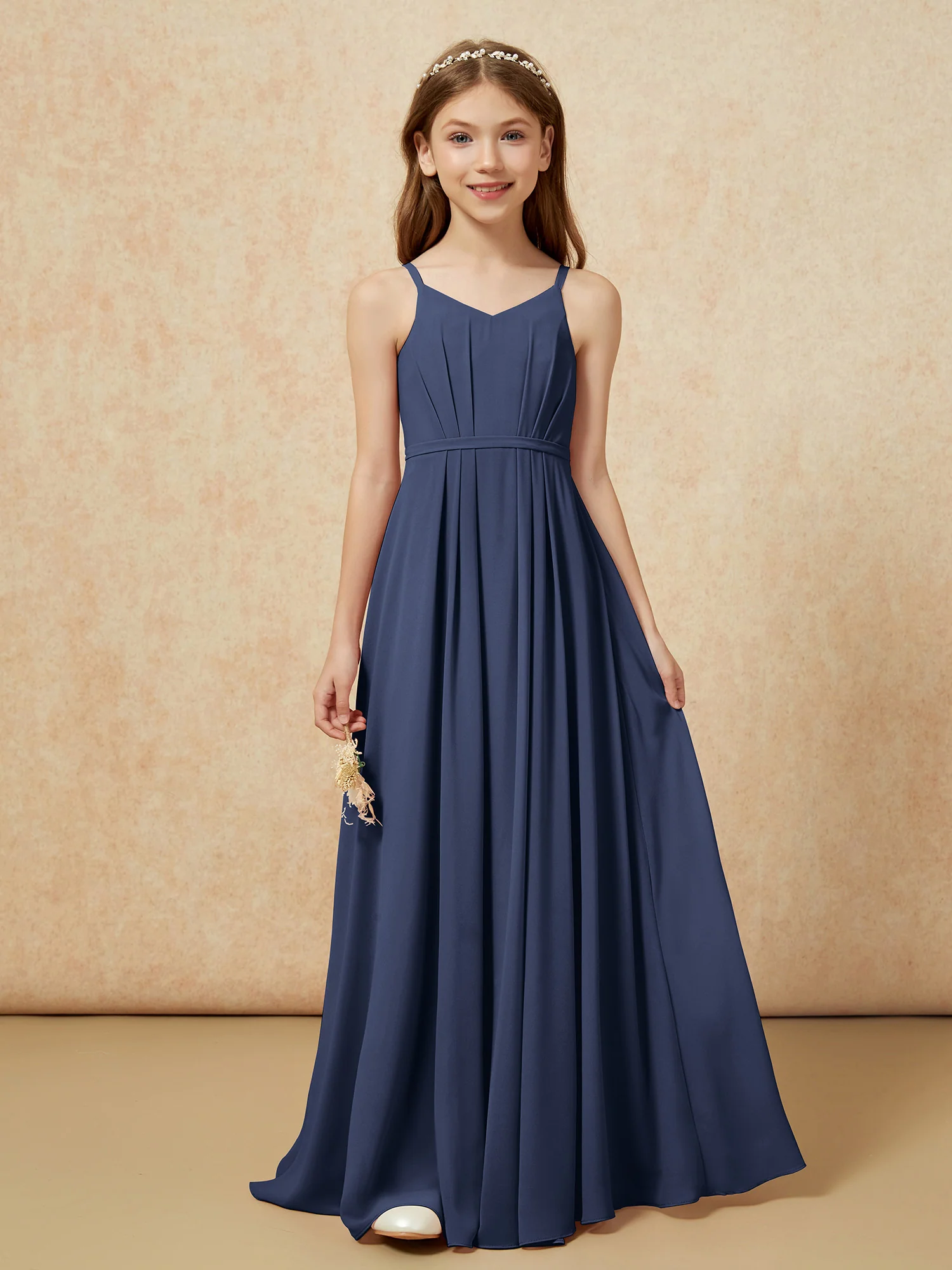 V-neck Spaghetti Straps Chiffon Junior Bridesmaid Dresses Dark Navy