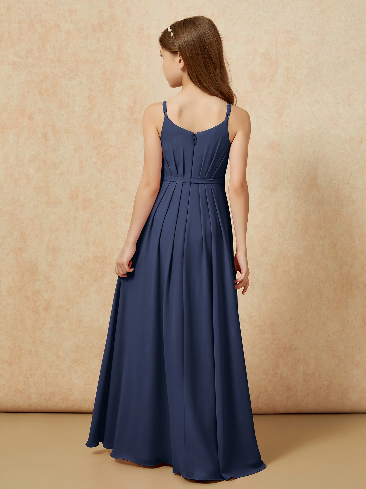 V-neck Spaghetti Straps Chiffon Junior Bridesmaid Dresses Dark Navy - Image 2