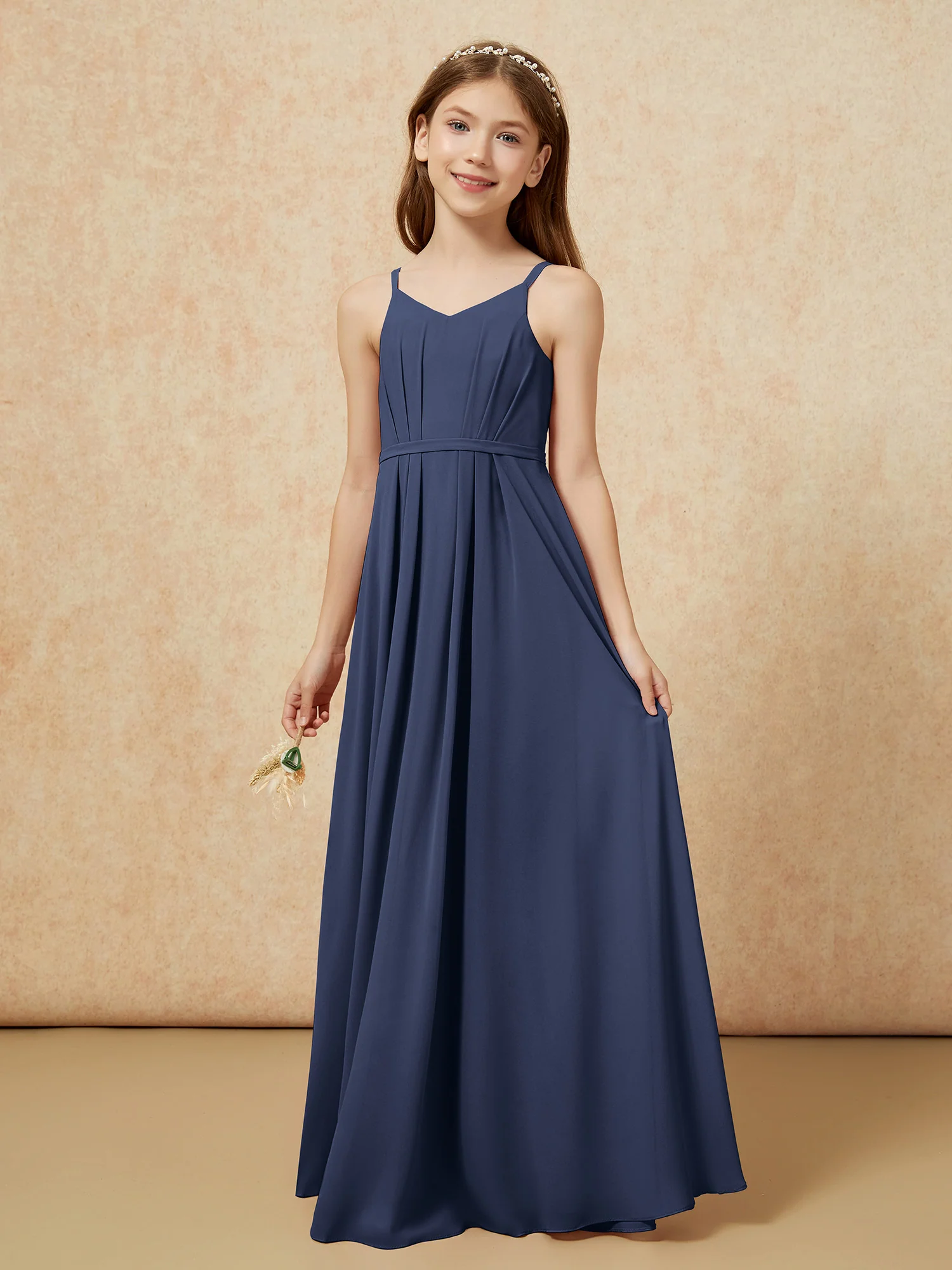 V-neck Spaghetti Straps Chiffon Junior Bridesmaid Dresses Dark Navy - Image 3