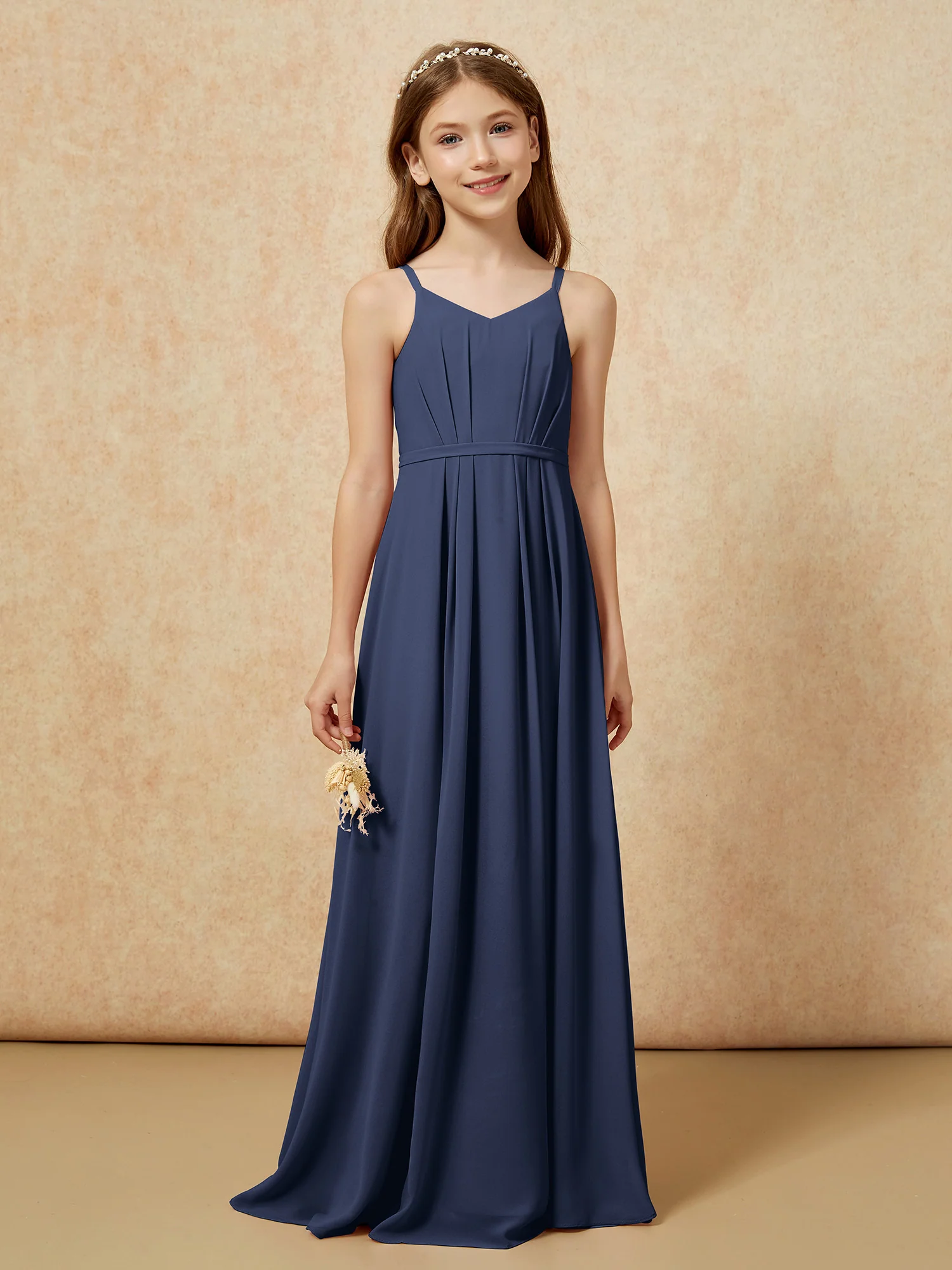 V-neck Spaghetti Straps Chiffon Junior Bridesmaid Dresses Dark Navy - Image 4