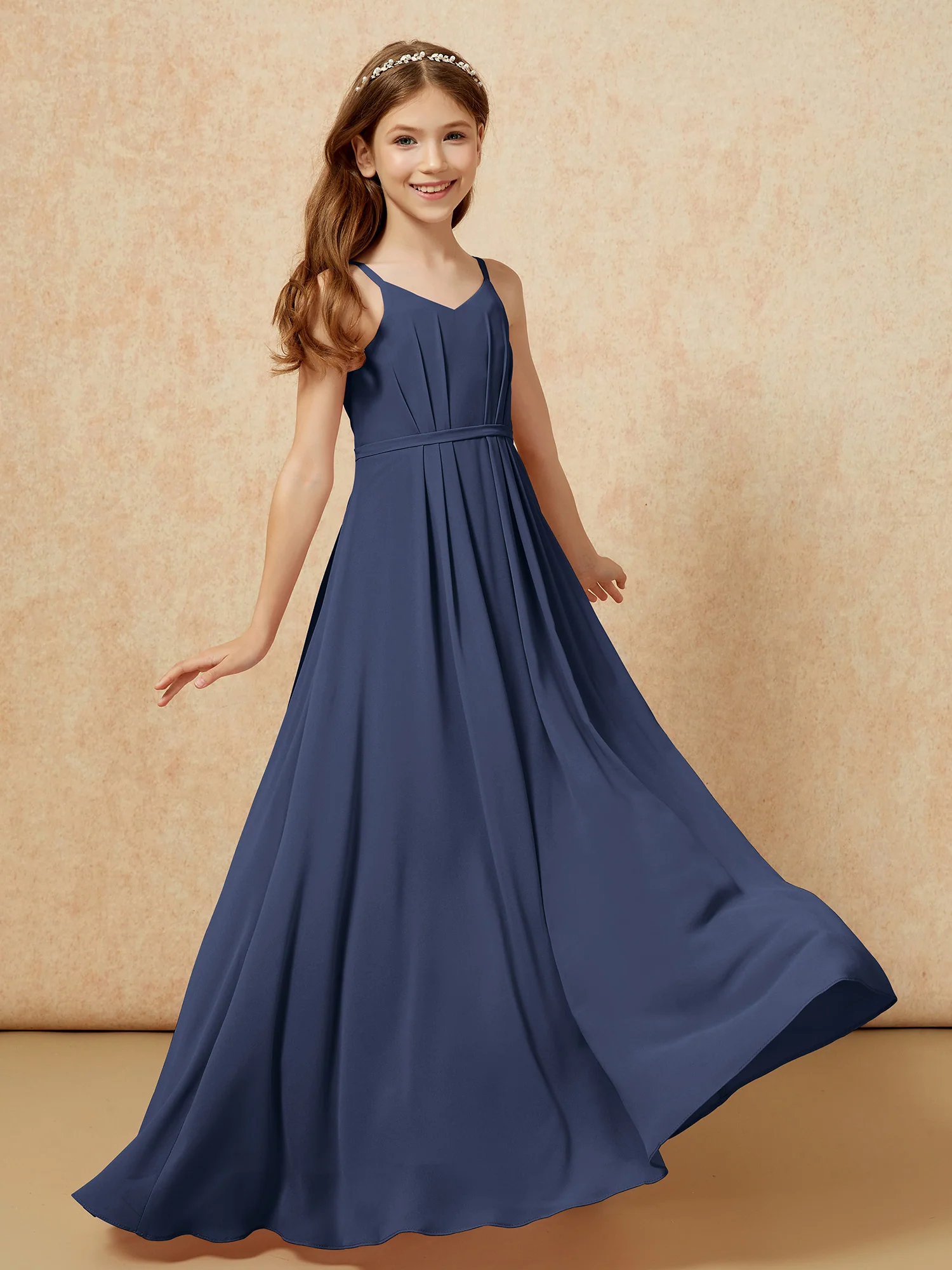 V-neck Spaghetti Straps Chiffon Junior Bridesmaid Dresses Dark Navy - Image 6