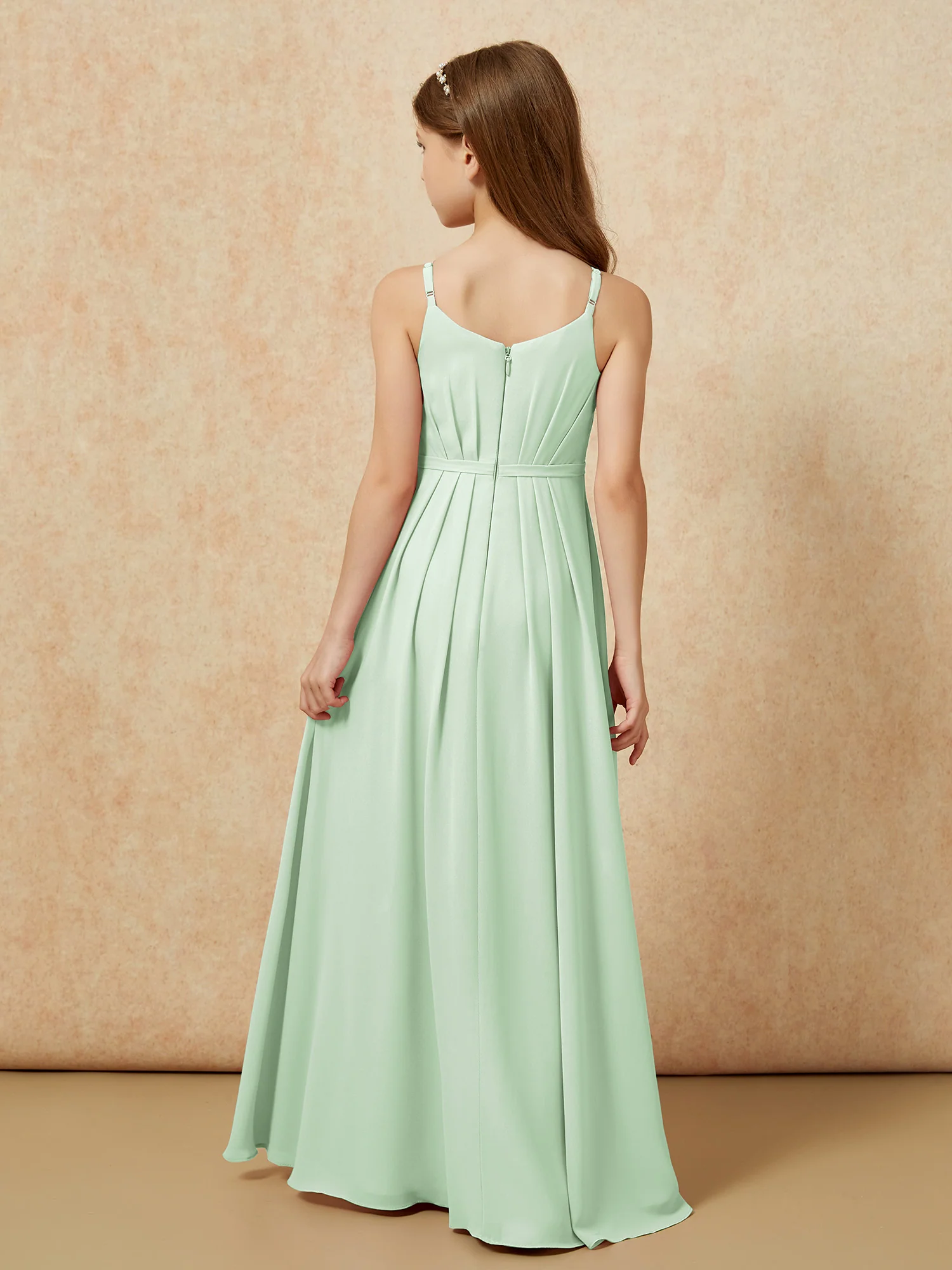 V-neck Spaghetti Straps Chiffon Junior Bridesmaid Dresses Dusty Sage - Image 2