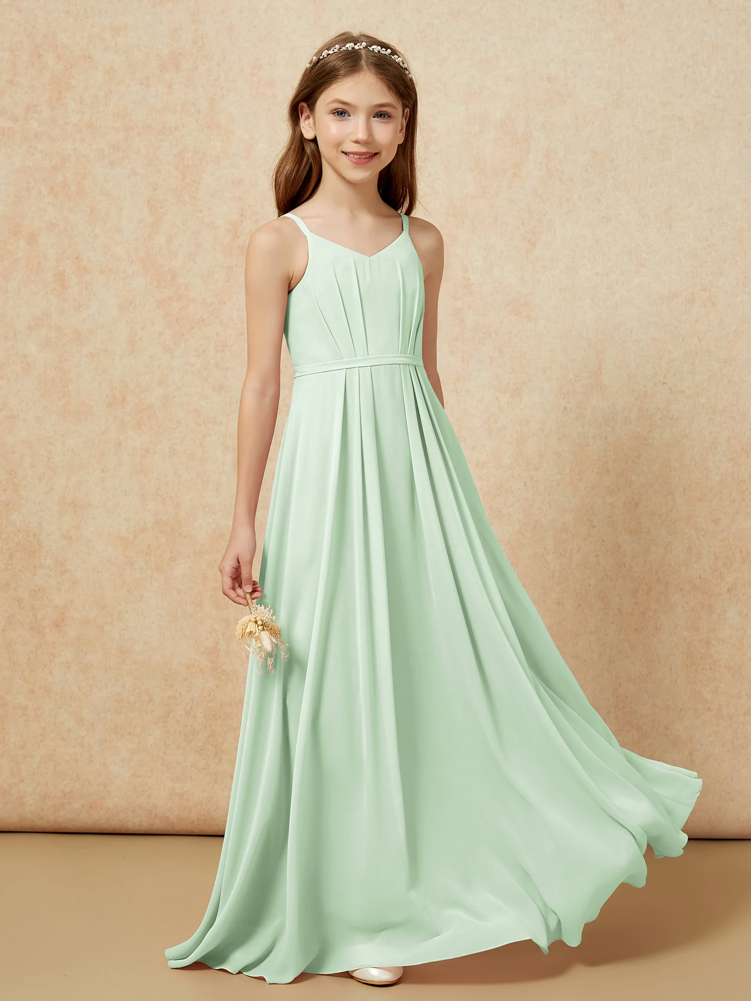 V-neck Spaghetti Straps Chiffon Junior Bridesmaid Dresses Dusty Sage - Image 5