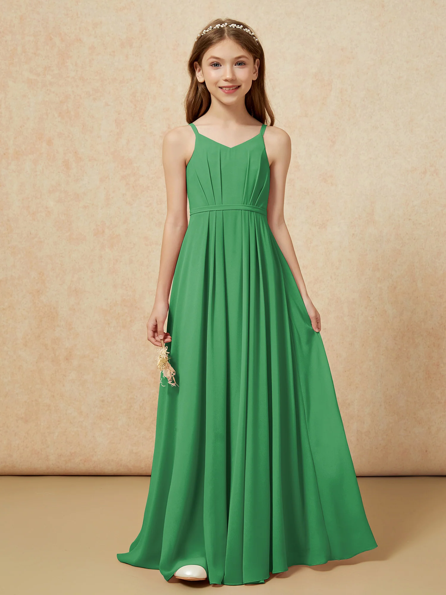 V-neck Spaghetti Straps Chiffon Junior Bridesmaid Dresses Emerald