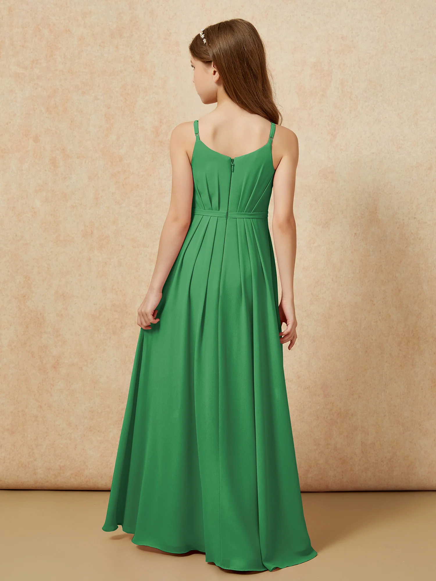 V-neck Spaghetti Straps Chiffon Junior Bridesmaid Dresses Emerald - Image 2