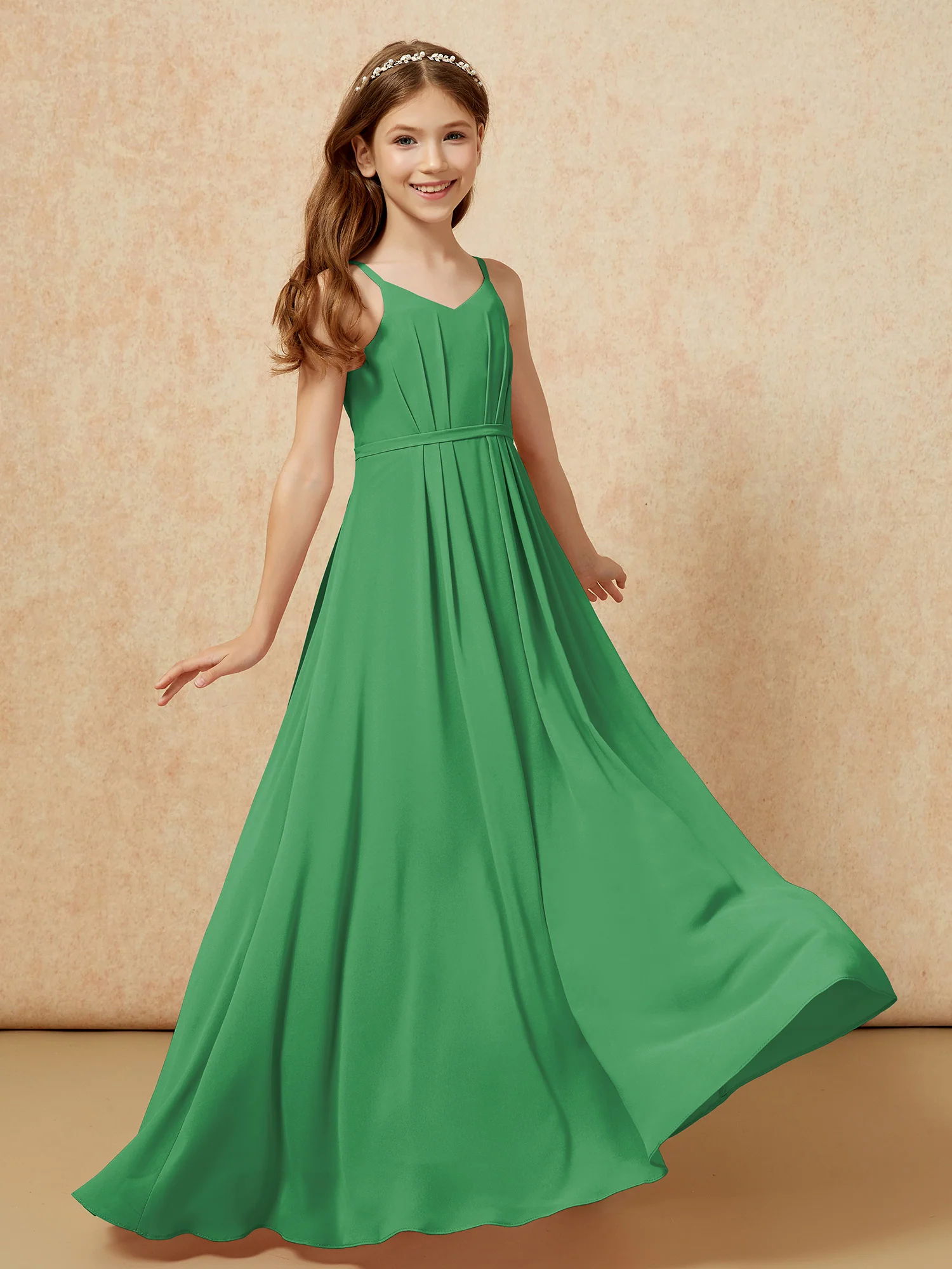 V-neck Spaghetti Straps Chiffon Junior Bridesmaid Dresses Emerald - Image 6