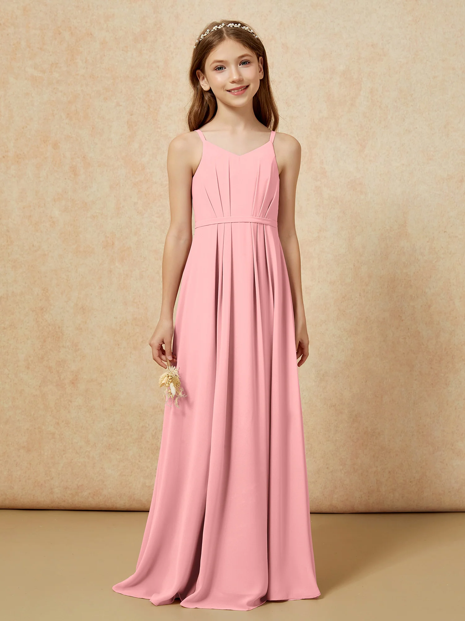 V-neck Spaghetti Straps Chiffon Junior Bridesmaid Dresses Flamingo - Image 4