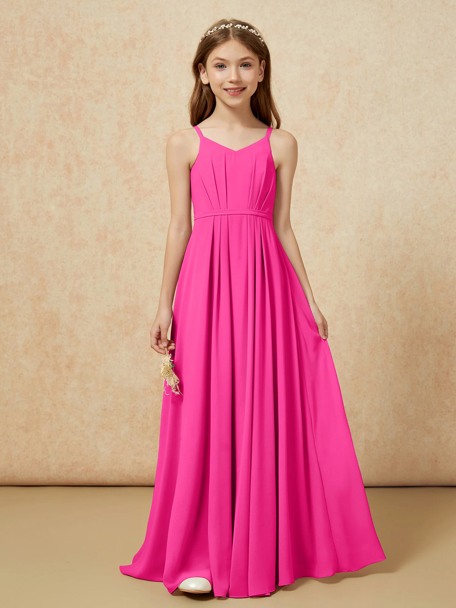 V-neck Spaghetti Straps Chiffon Junior Bridesmaid Dresses Fuchsia