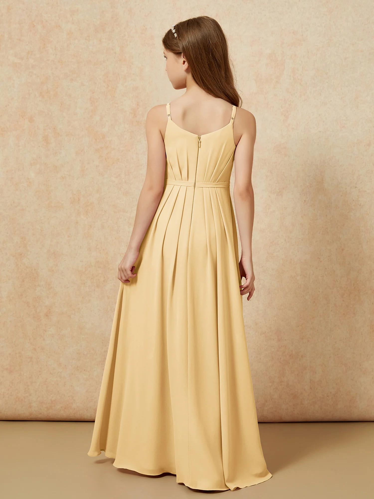 V-neck Spaghetti Straps Chiffon Junior Bridesmaid Dresses Gold - Image 2