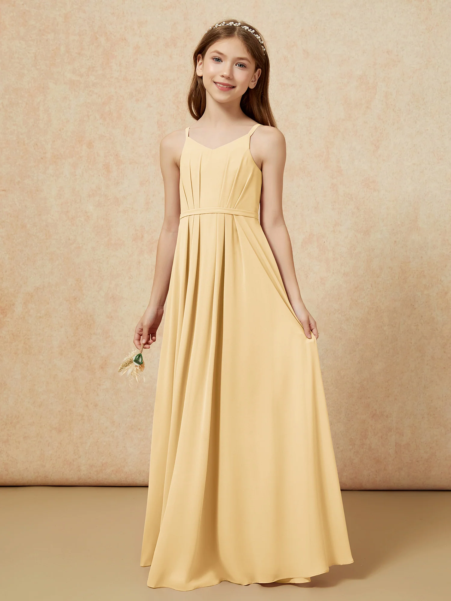 V-neck Spaghetti Straps Chiffon Junior Bridesmaid Dresses Gold - Image 3
