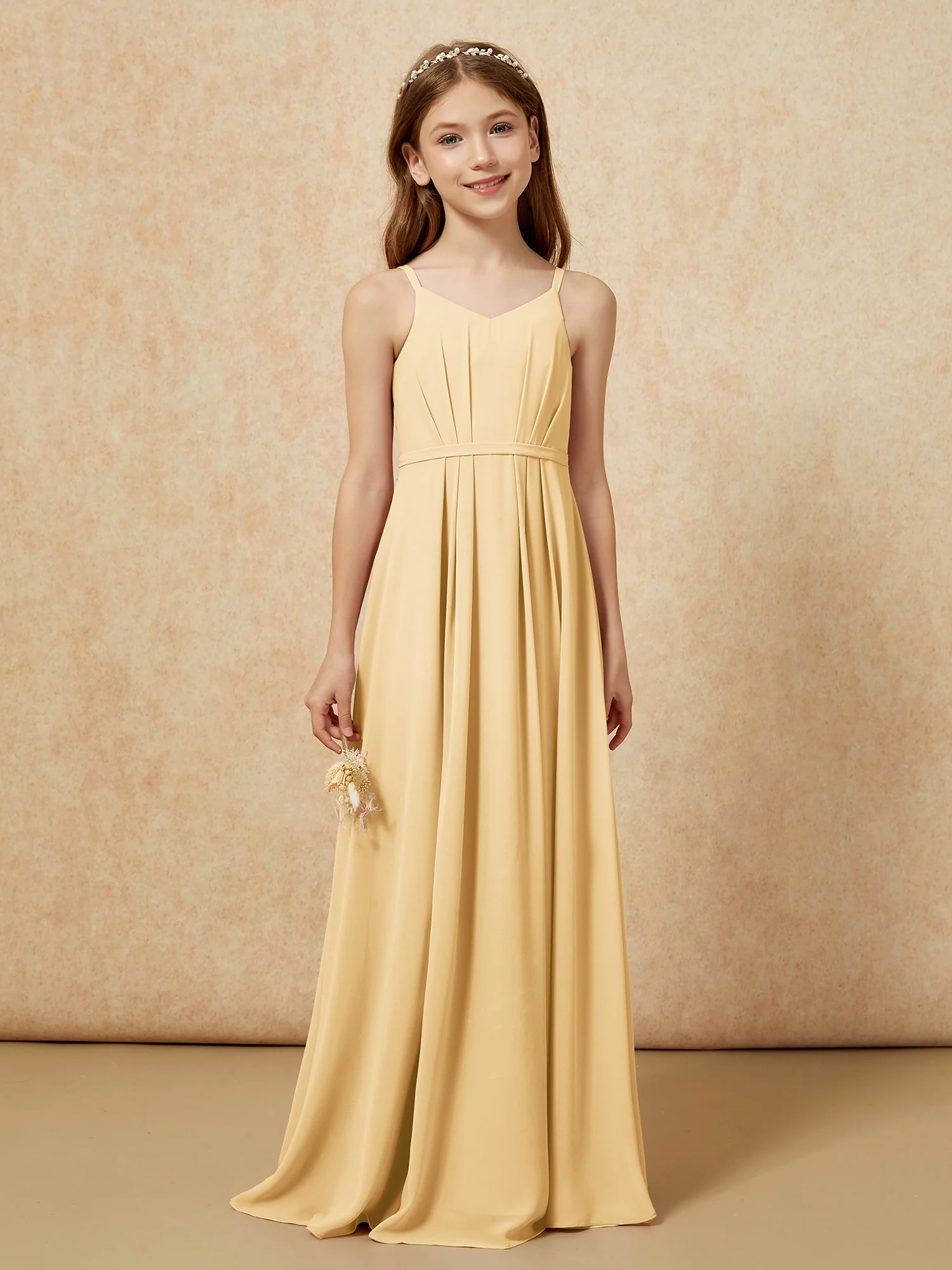 V-neck Spaghetti Straps Chiffon Junior Bridesmaid Dresses Gold - Image 4