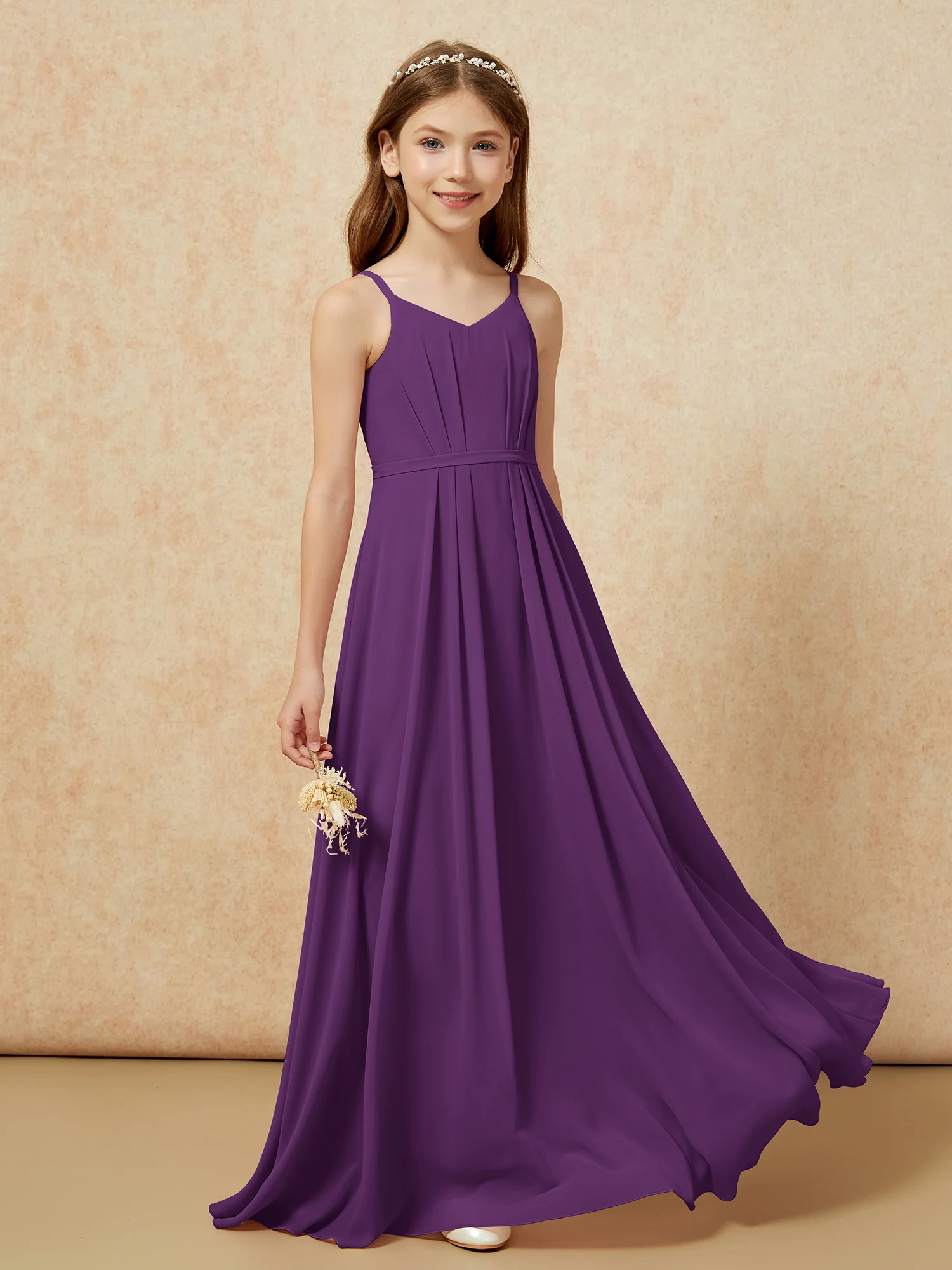 V-neck Spaghetti Straps Chiffon Junior Bridesmaid Dresses Grape - Image 5