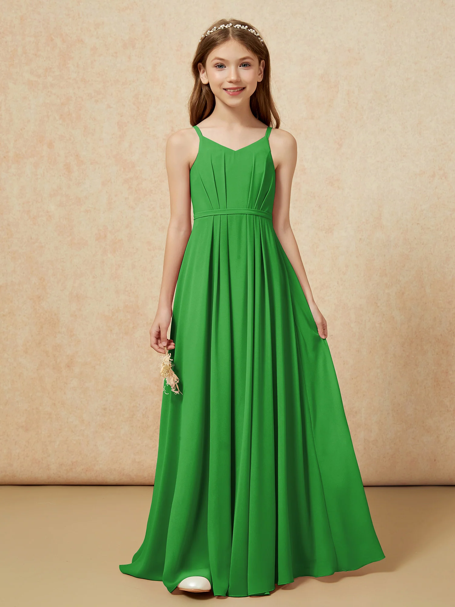 V-neck Spaghetti Straps Chiffon Junior Bridesmaid Dresses Green