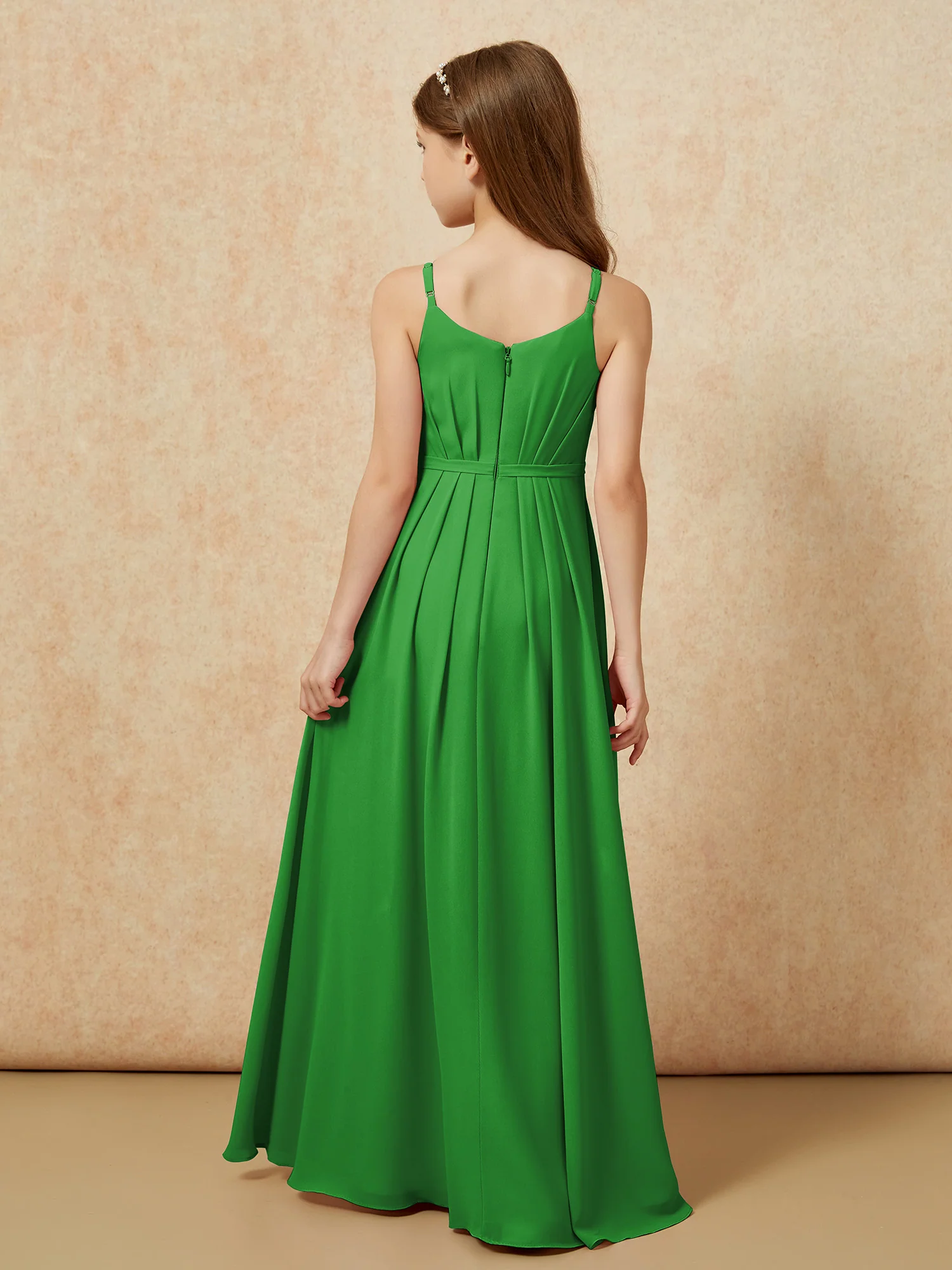 V-neck Spaghetti Straps Chiffon Junior Bridesmaid Dresses Green - Image 2