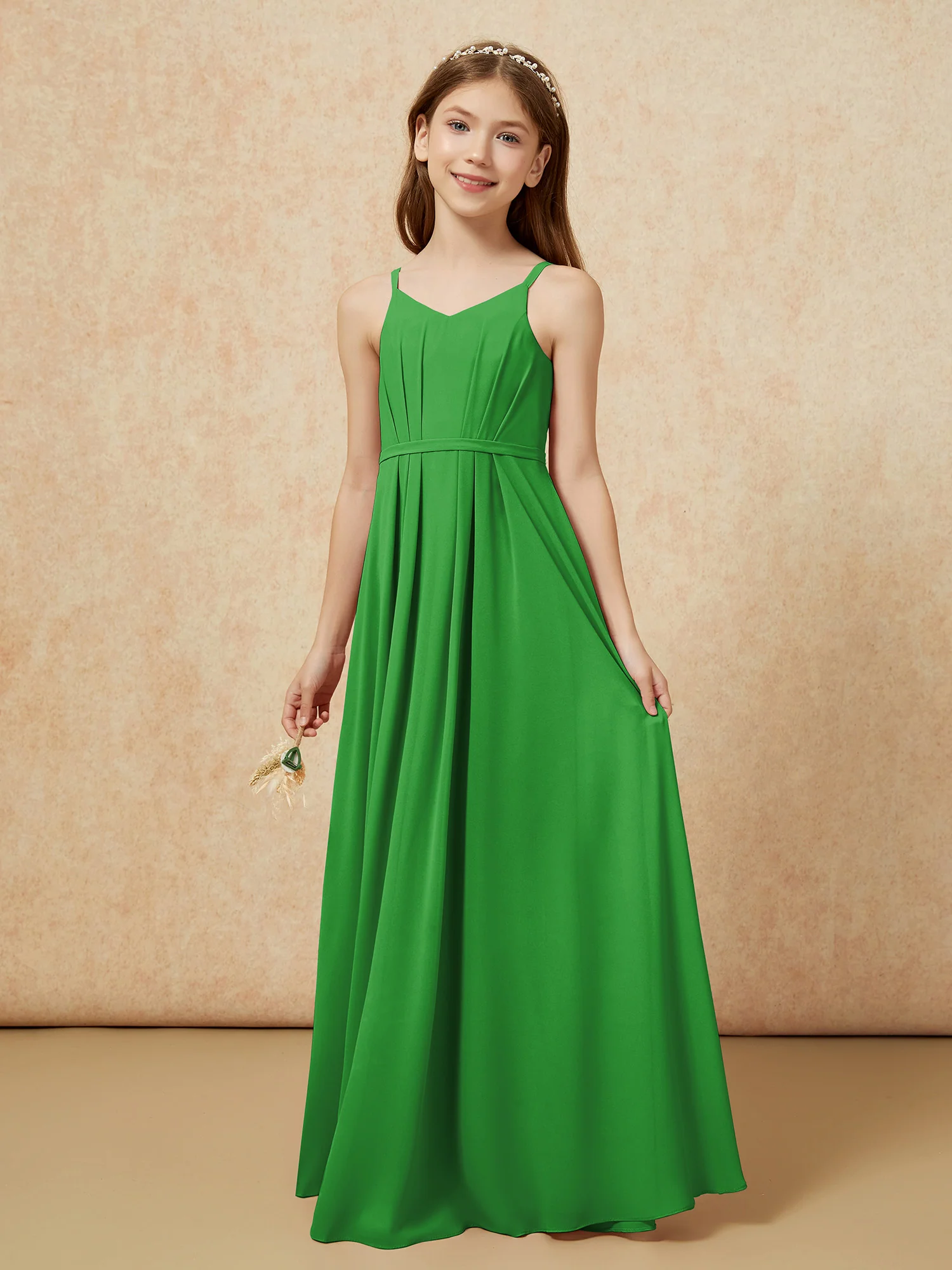 V-neck Spaghetti Straps Chiffon Junior Bridesmaid Dresses Green - Image 3