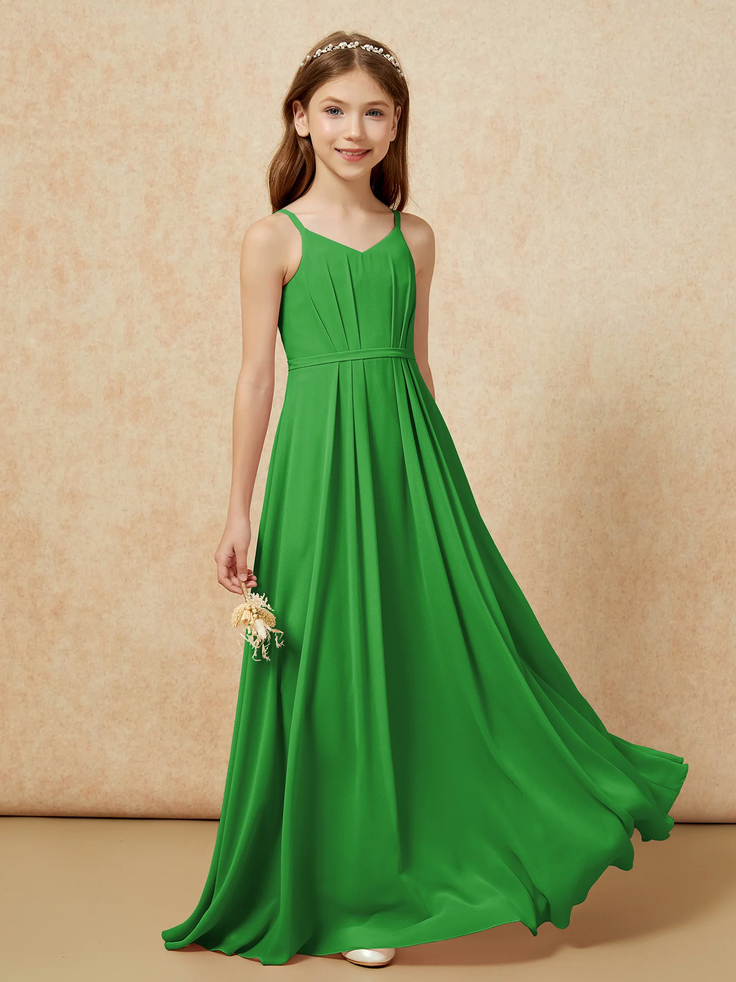 V-neck Spaghetti Straps Chiffon Junior Bridesmaid Dresses Green - Image 5