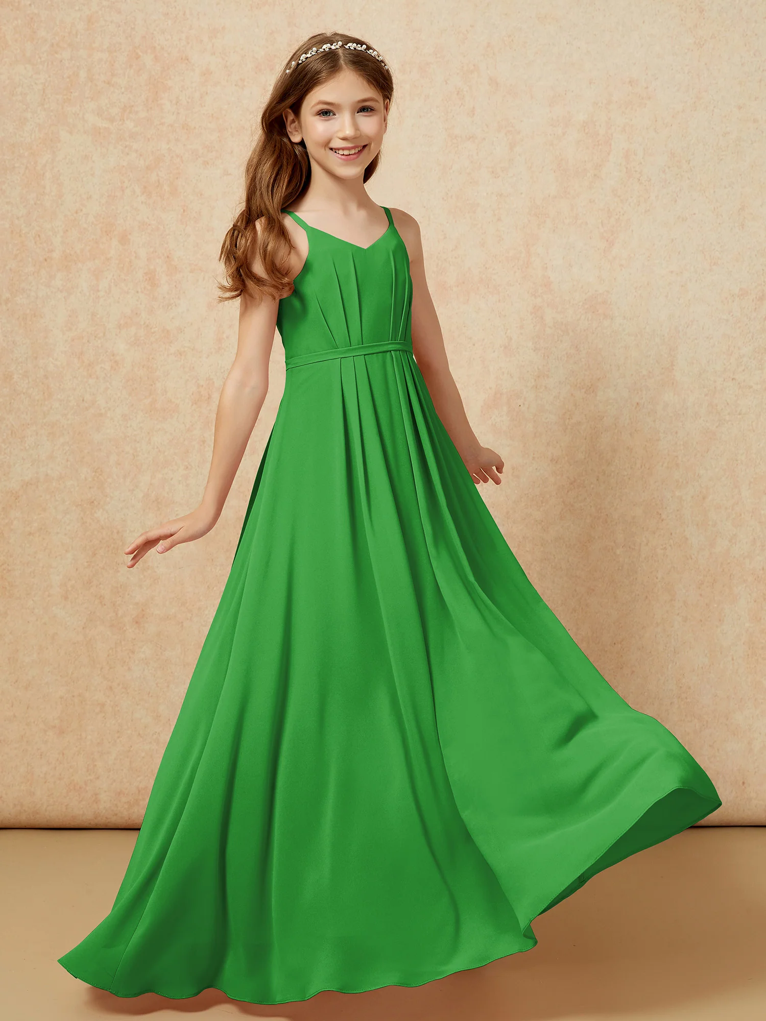 V-neck Spaghetti Straps Chiffon Junior Bridesmaid Dresses Green - Image 6