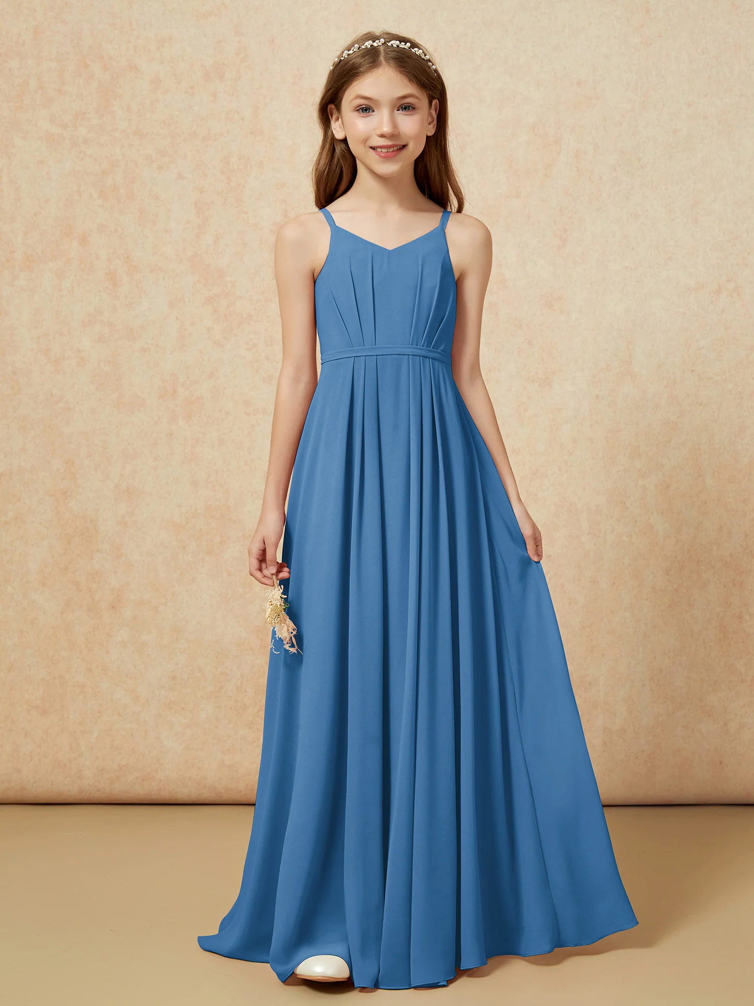 V-neck Spaghetti Straps Chiffon Junior Bridesmaid Dresses Ink Blue