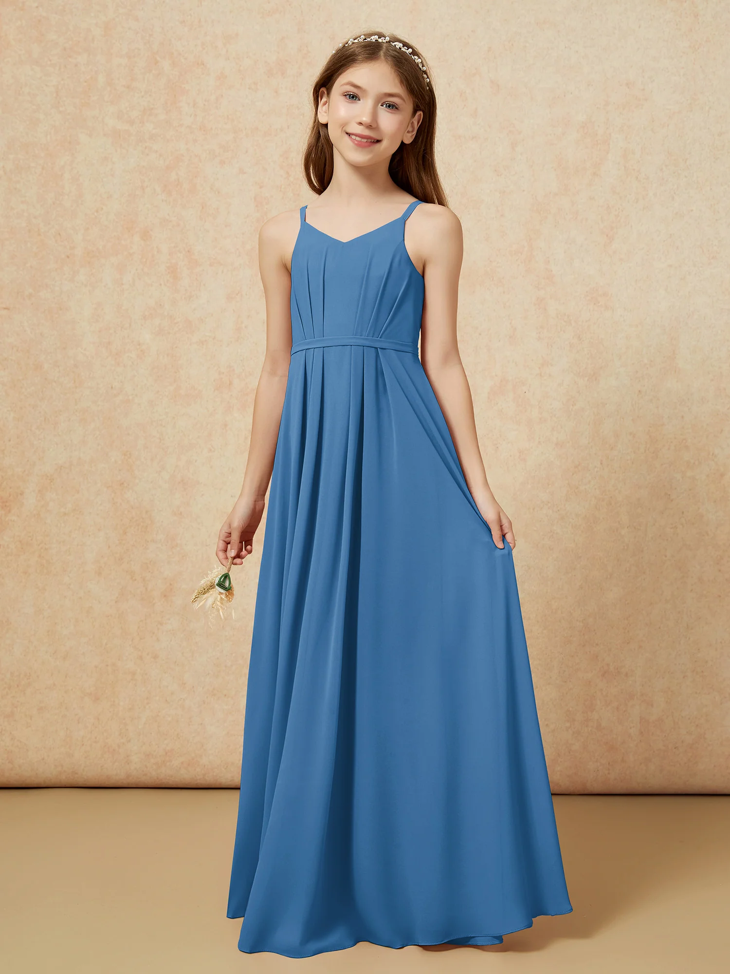 V-neck Spaghetti Straps Chiffon Junior Bridesmaid Dresses Ink Blue - Image 3