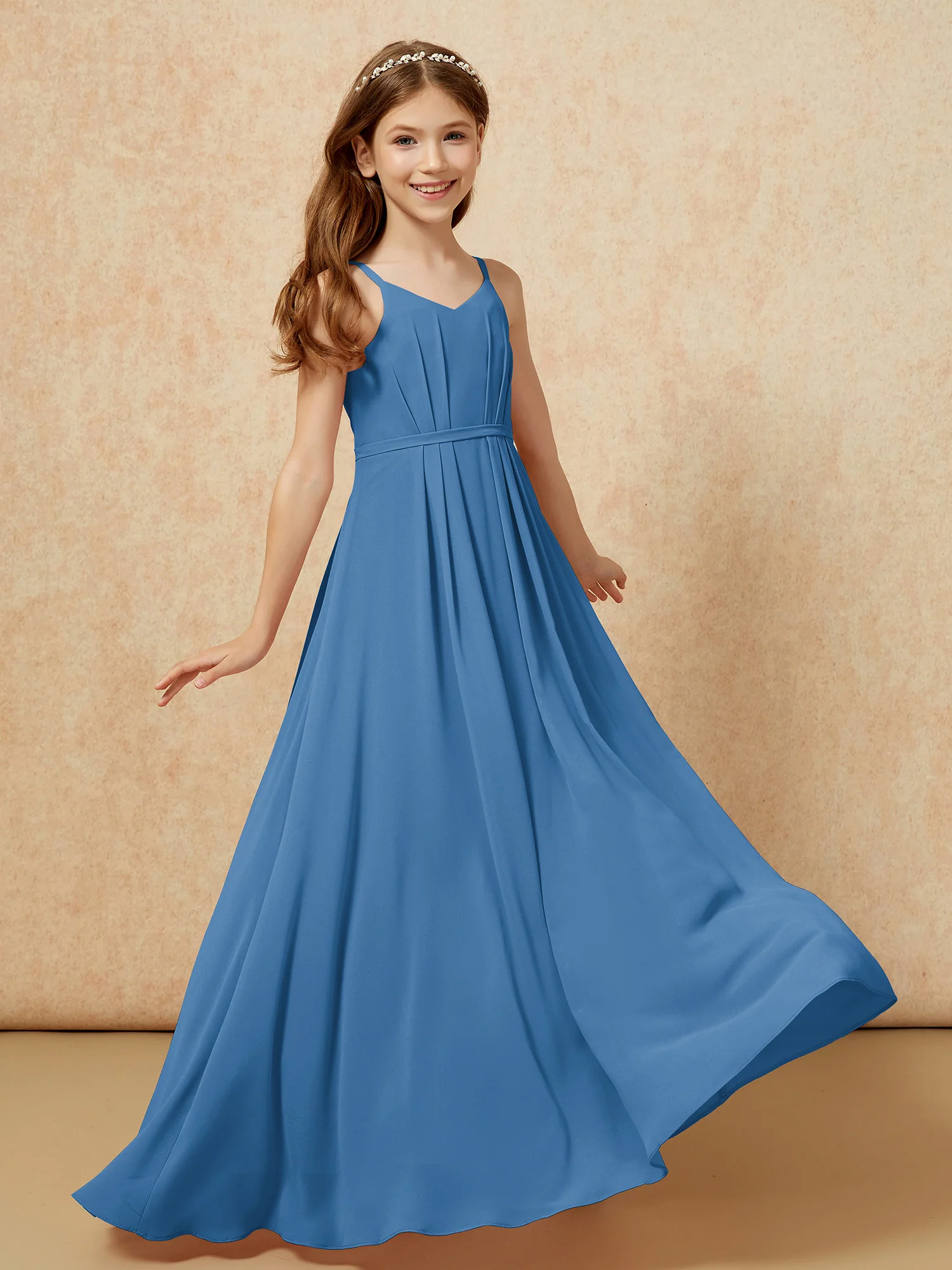V-neck Spaghetti Straps Chiffon Junior Bridesmaid Dresses Ink Blue - Image 6