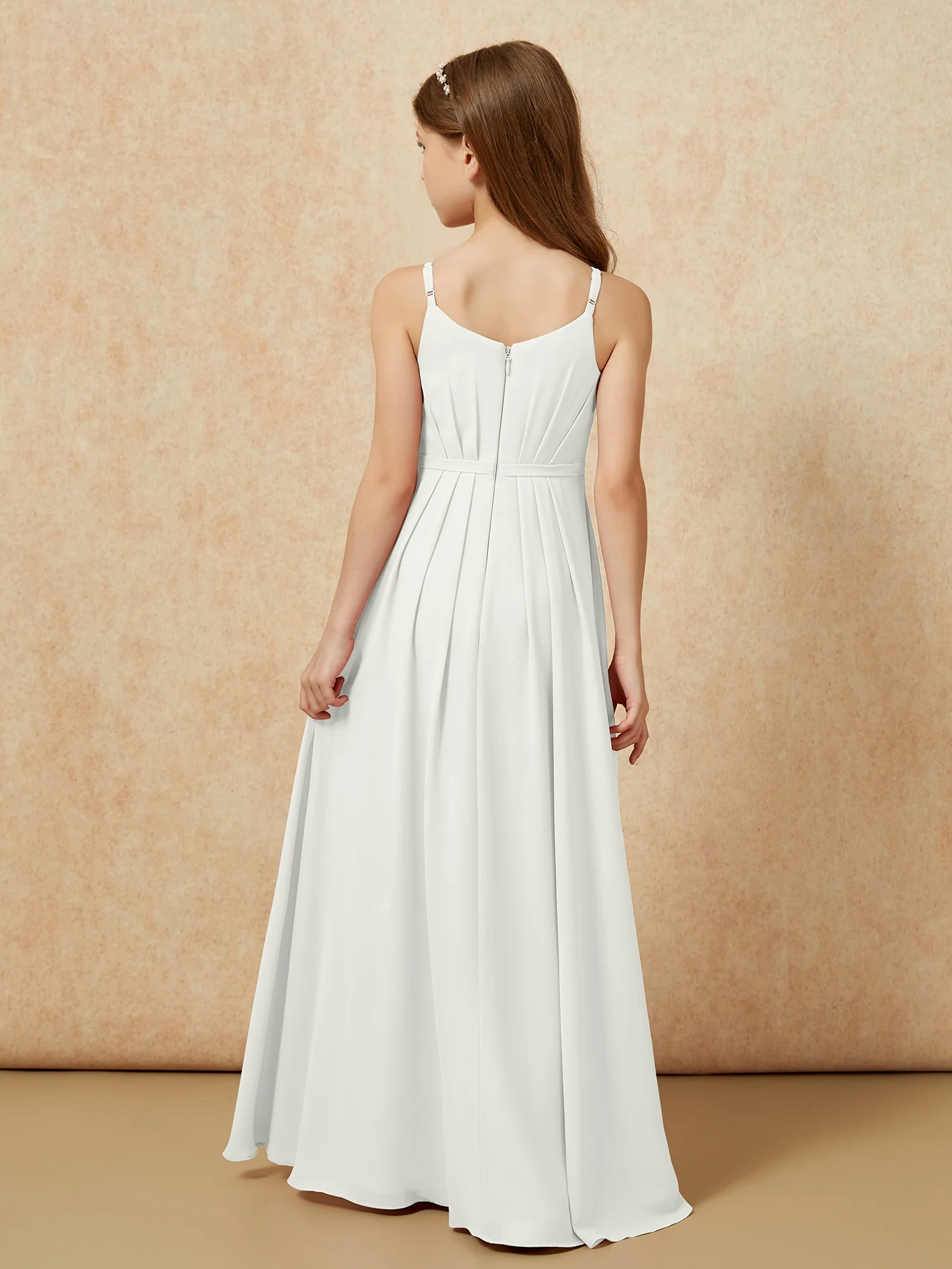 V-neck Spaghetti Straps Chiffon Junior Bridesmaid Dresses Ivory - Image 2