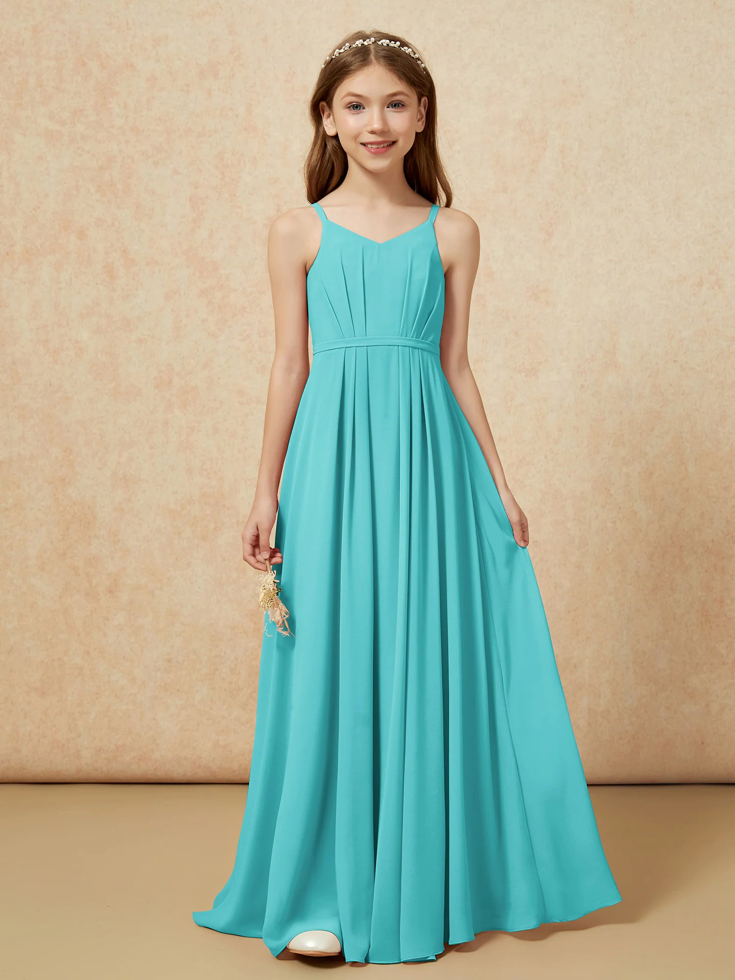 V-neck Spaghetti Straps Chiffon Junior Bridesmaid Dresses Jade