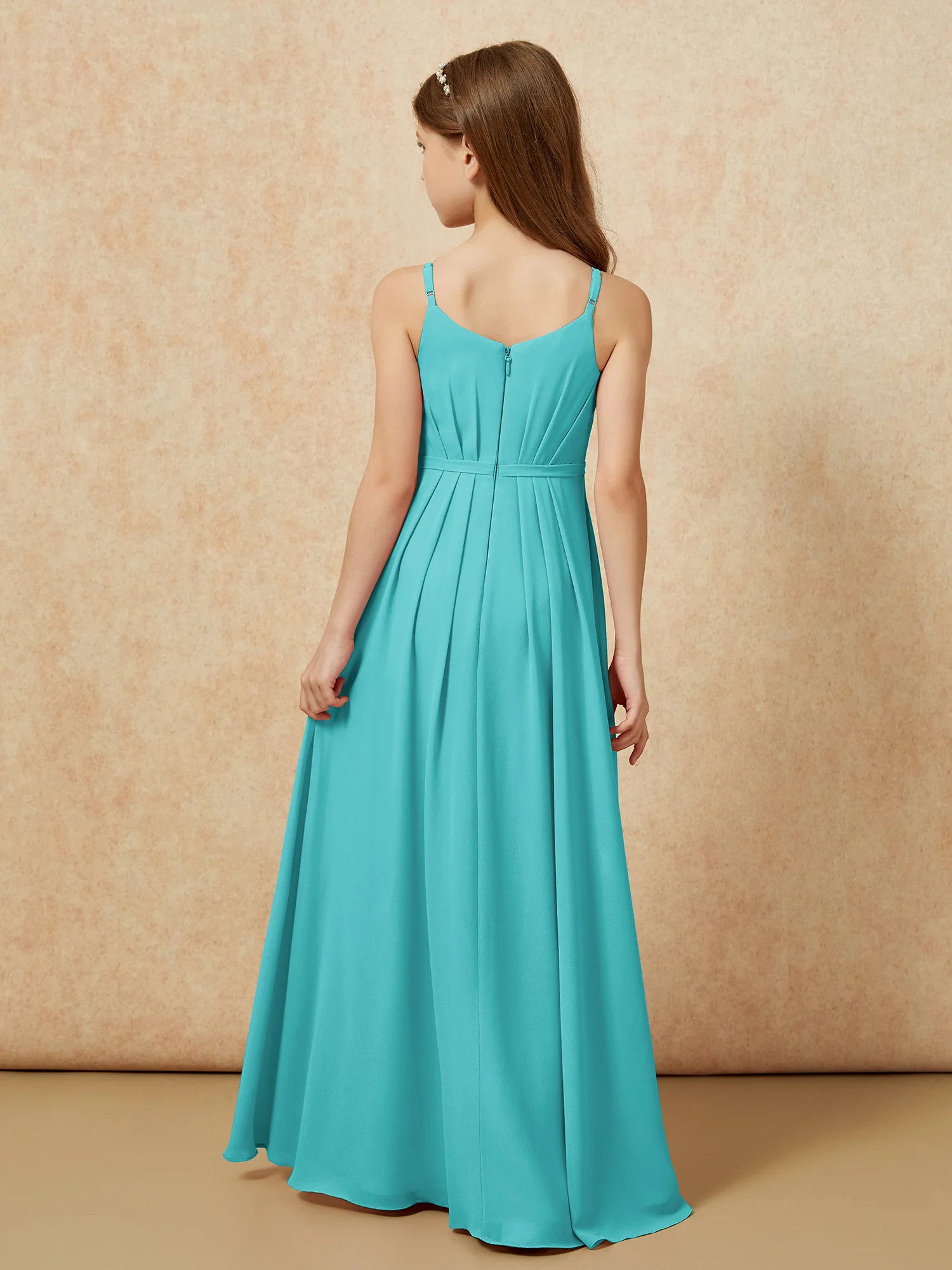 V-neck Spaghetti Straps Chiffon Junior Bridesmaid Dresses Jade - Image 2