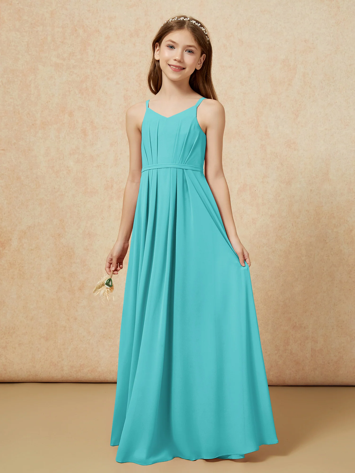 V-neck Spaghetti Straps Chiffon Junior Bridesmaid Dresses Jade - Image 3