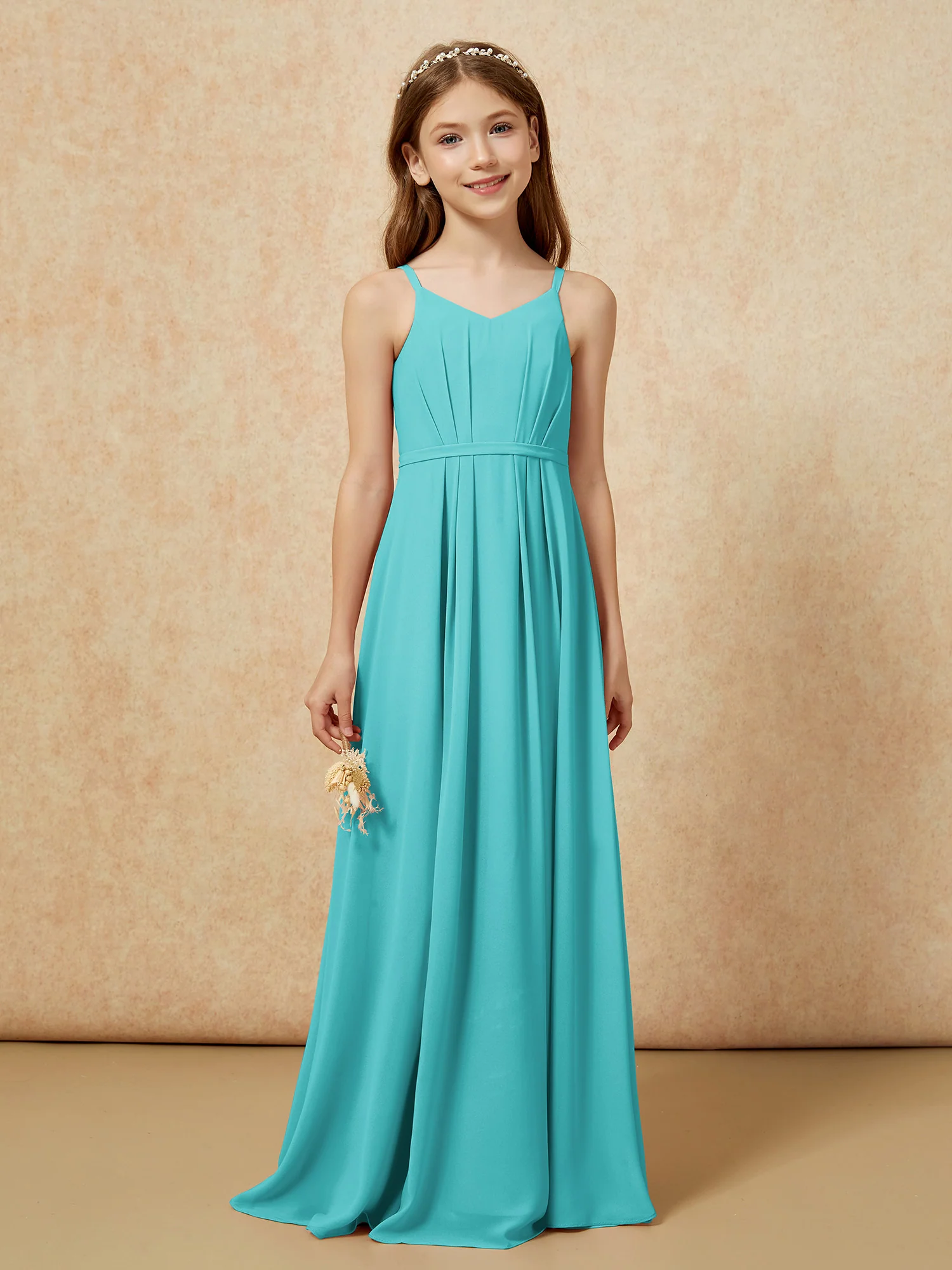 V-neck Spaghetti Straps Chiffon Junior Bridesmaid Dresses Jade - Image 4