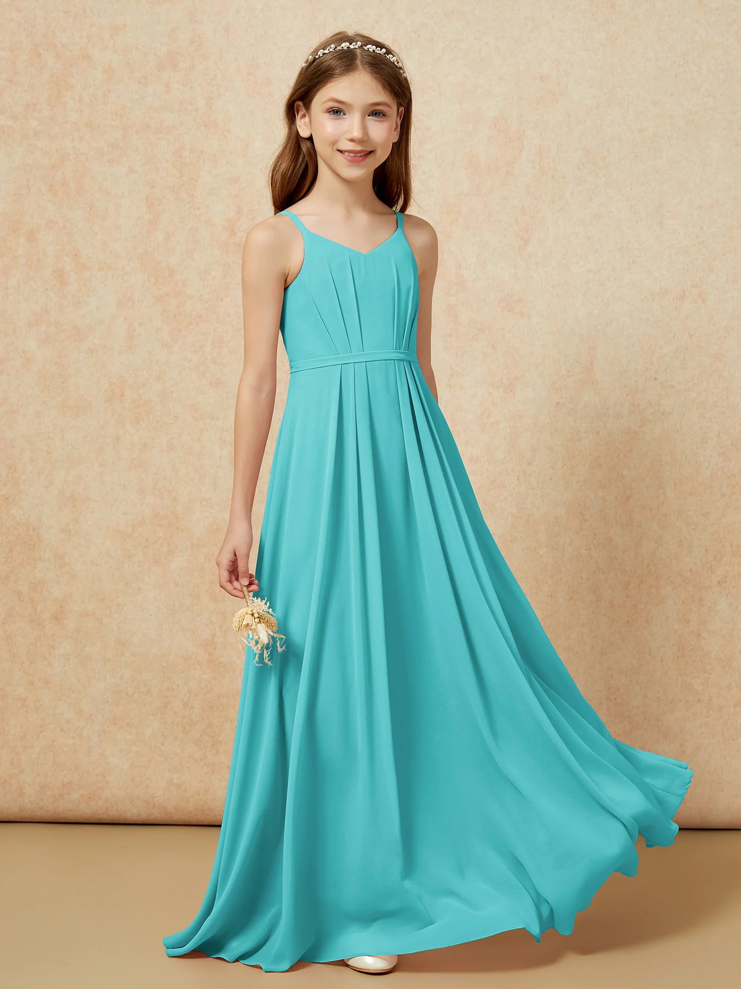 V-neck Spaghetti Straps Chiffon Junior Bridesmaid Dresses Jade - Image 5