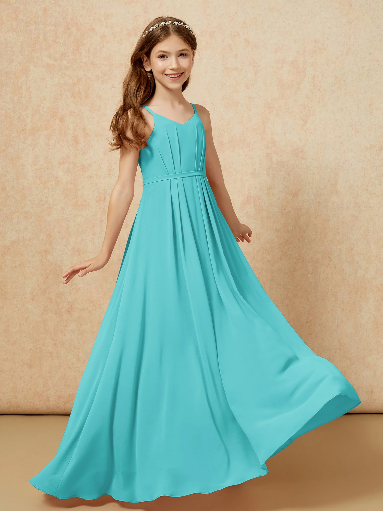 V-neck Spaghetti Straps Chiffon Junior Bridesmaid Dresses Jade - Image 6