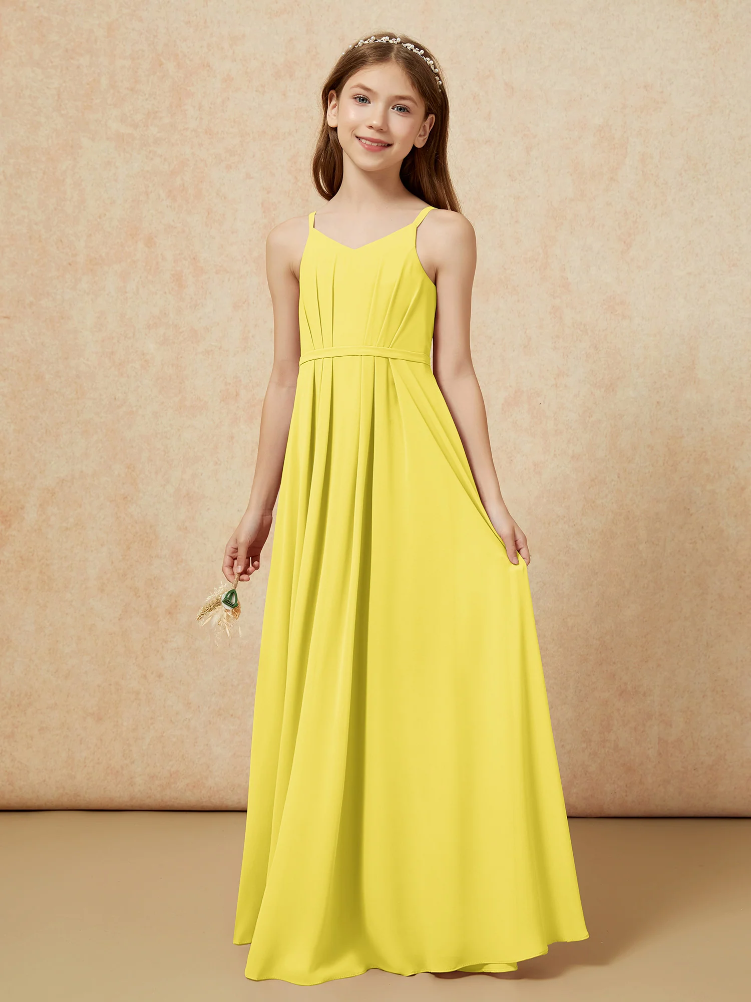 V-neck Spaghetti Straps Chiffon Junior Bridesmaid Dresses Lemon - Image 3