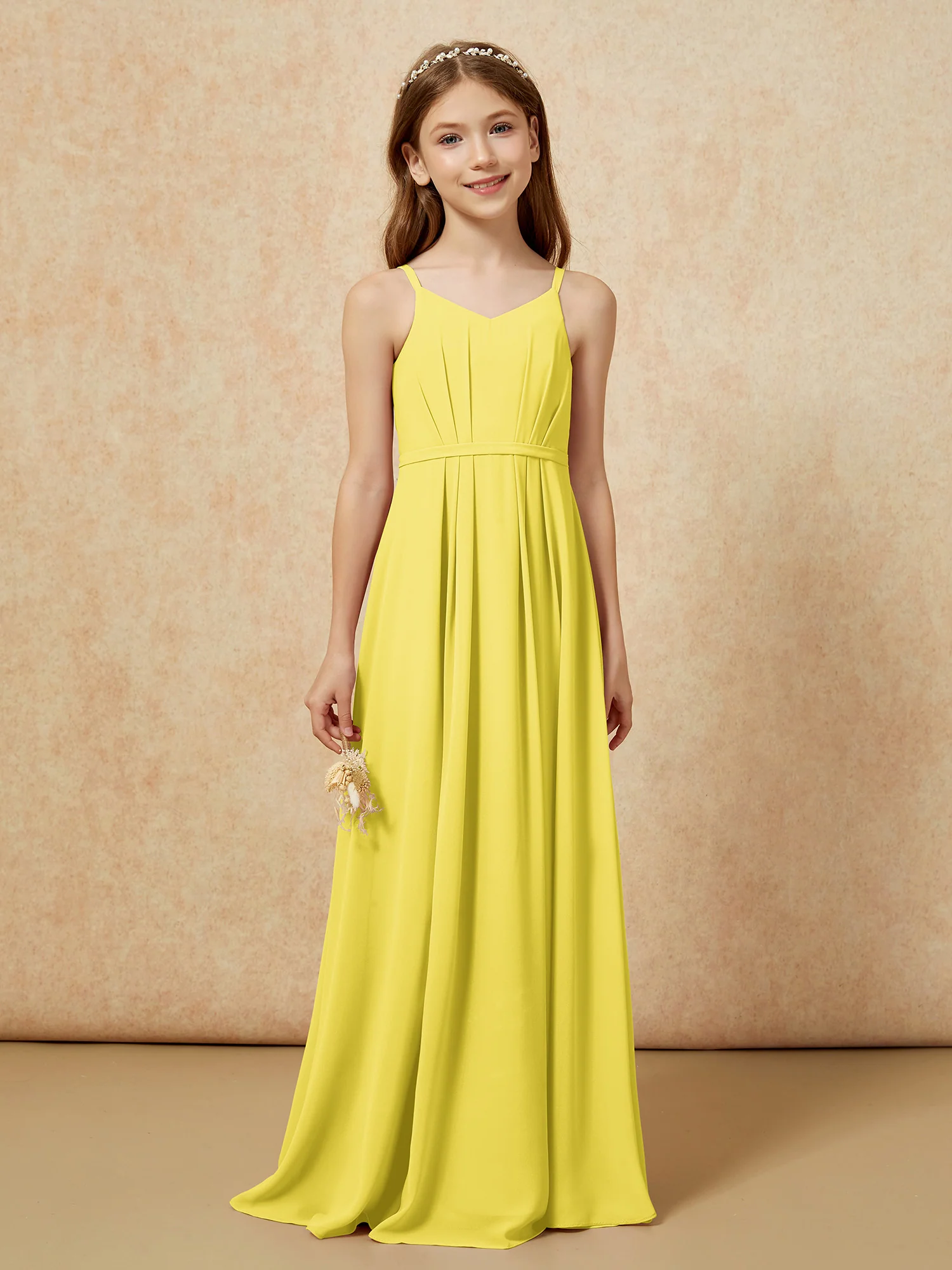 V-neck Spaghetti Straps Chiffon Junior Bridesmaid Dresses Lemon - Image 4
