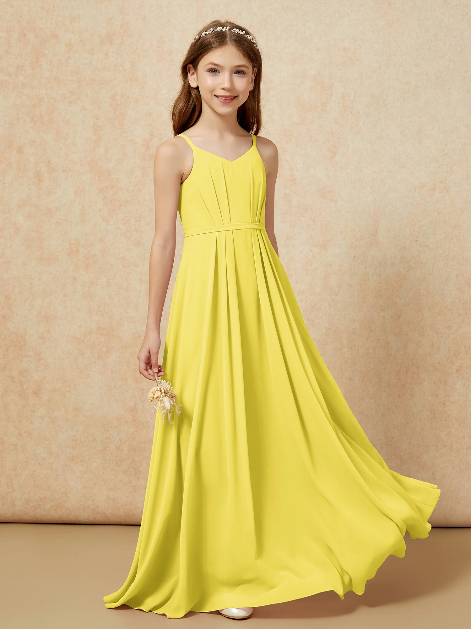 V-neck Spaghetti Straps Chiffon Junior Bridesmaid Dresses Lemon - Image 5