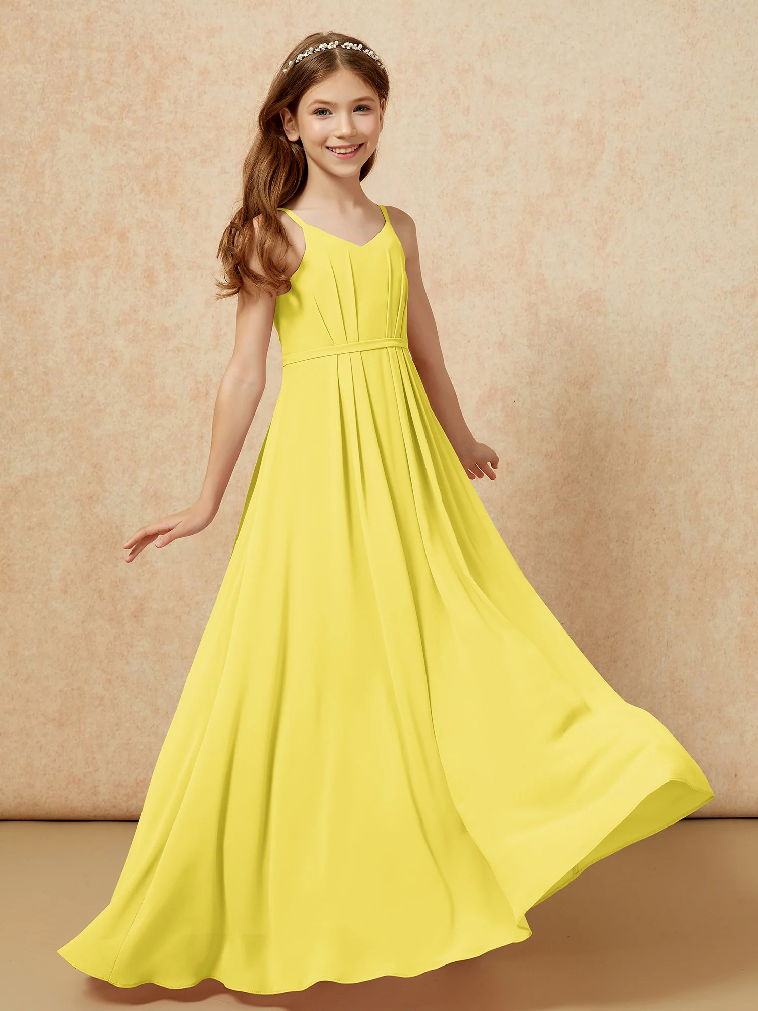 V-neck Spaghetti Straps Chiffon Junior Bridesmaid Dresses Lemon - Image 6