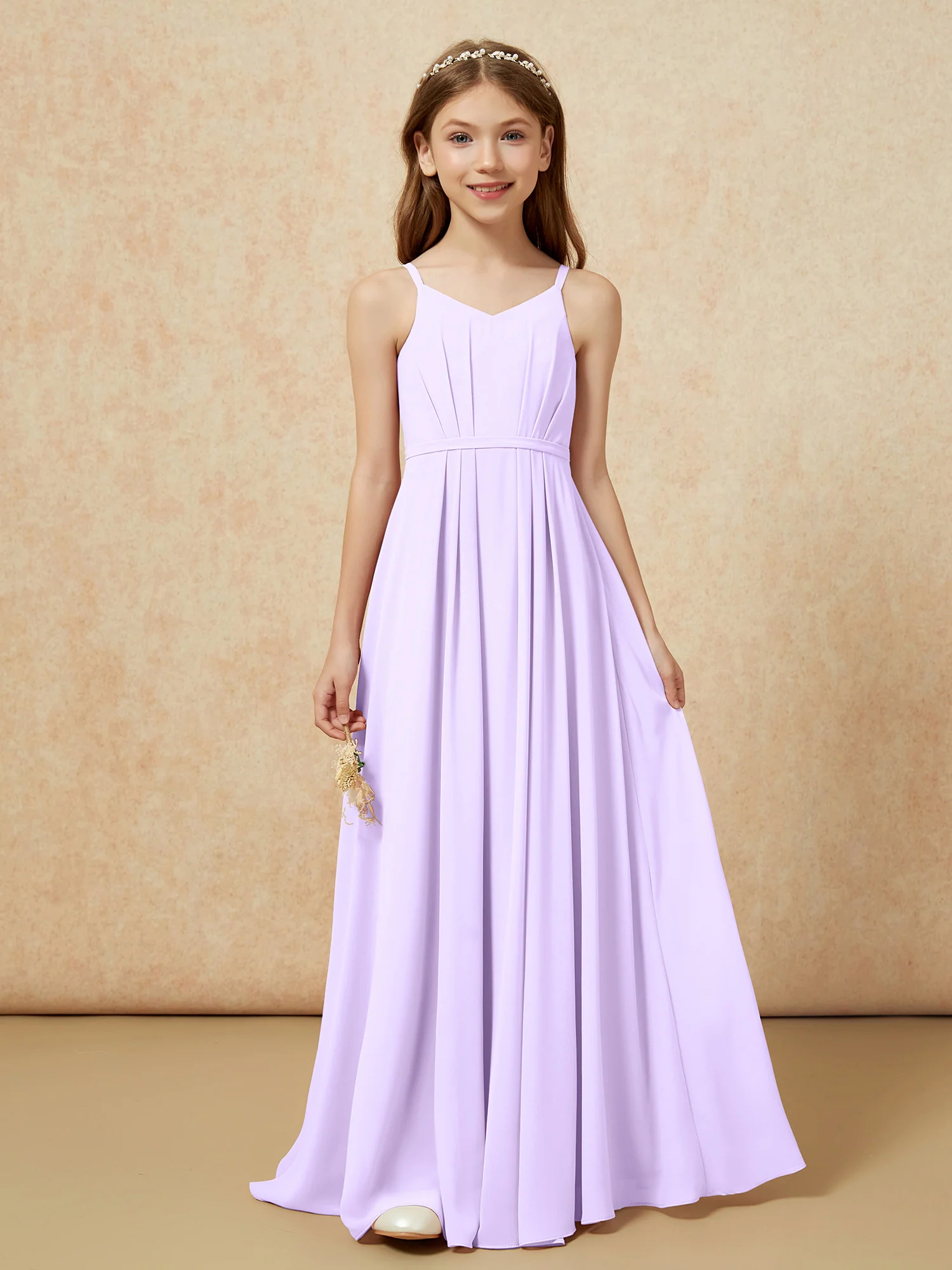 V-neck Spaghetti Straps Chiffon Junior Bridesmaid Dresses Lilac