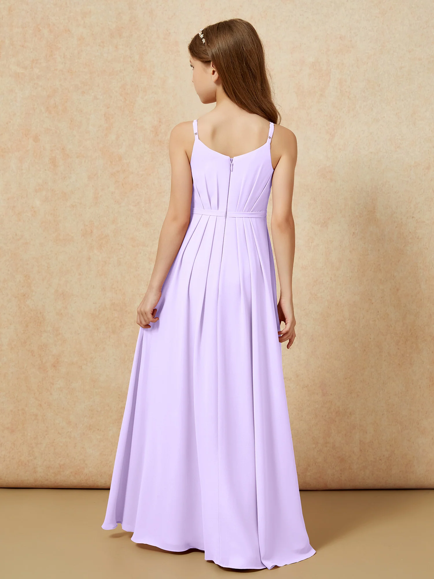 V-neck Spaghetti Straps Chiffon Junior Bridesmaid Dresses Lilac - Image 2