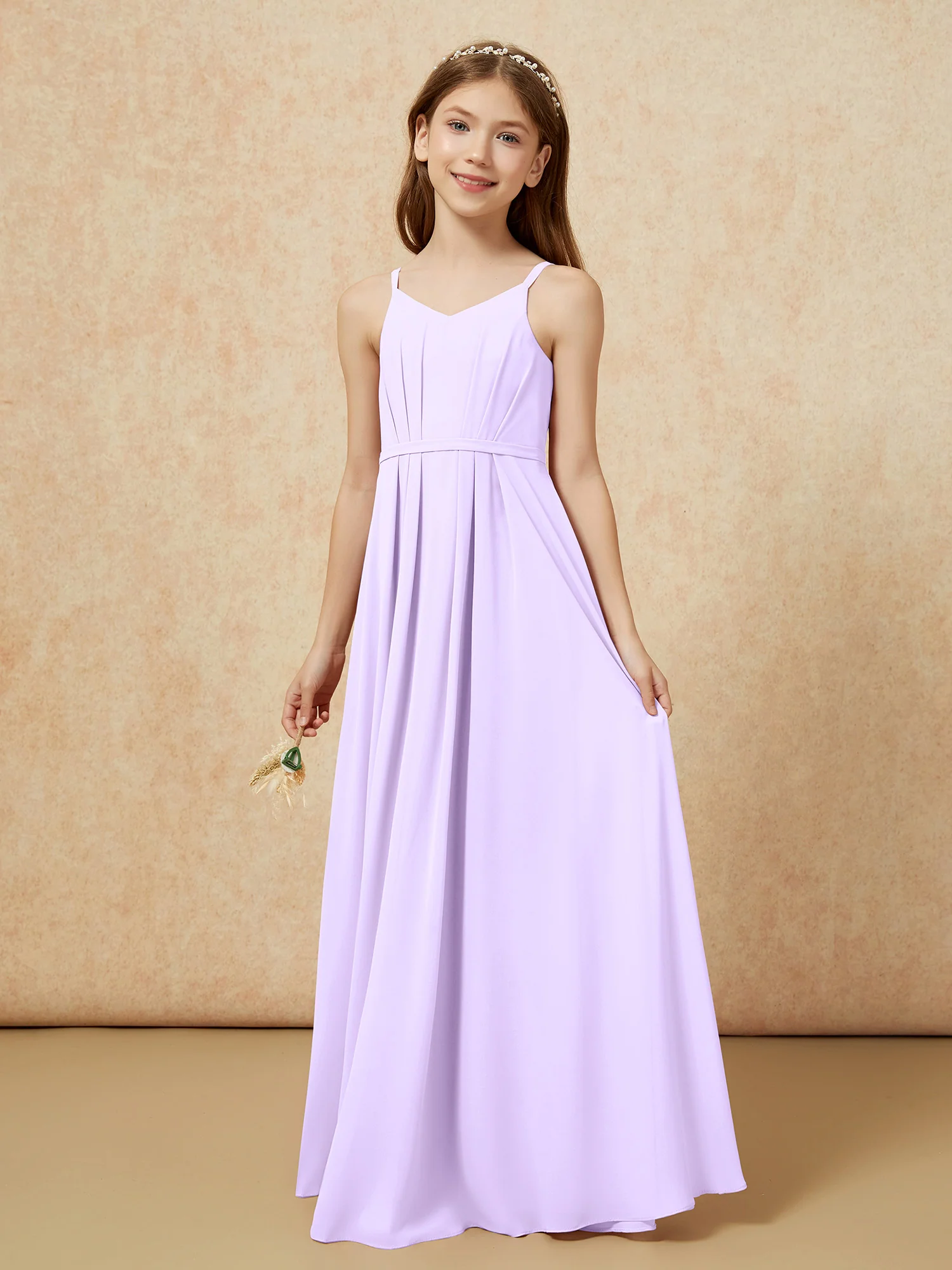 V-neck Spaghetti Straps Chiffon Junior Bridesmaid Dresses Lilac - Image 3