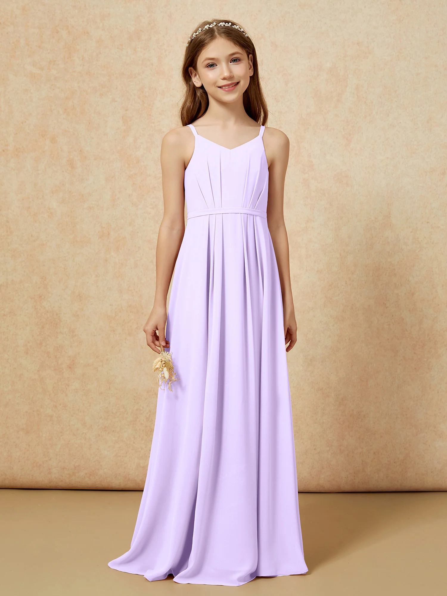 V-neck Spaghetti Straps Chiffon Junior Bridesmaid Dresses Lilac - Image 4