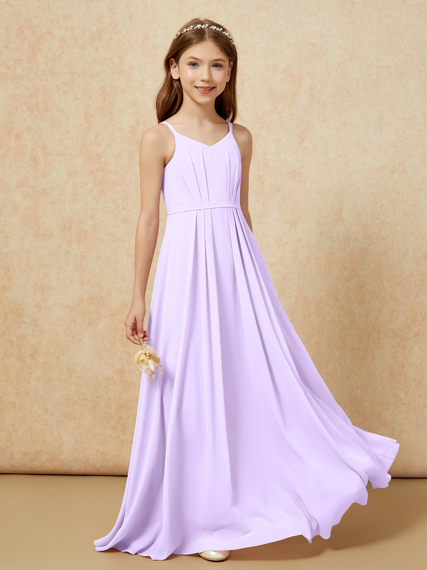 V-neck Spaghetti Straps Chiffon Junior Bridesmaid Dresses Lilac - Image 5
